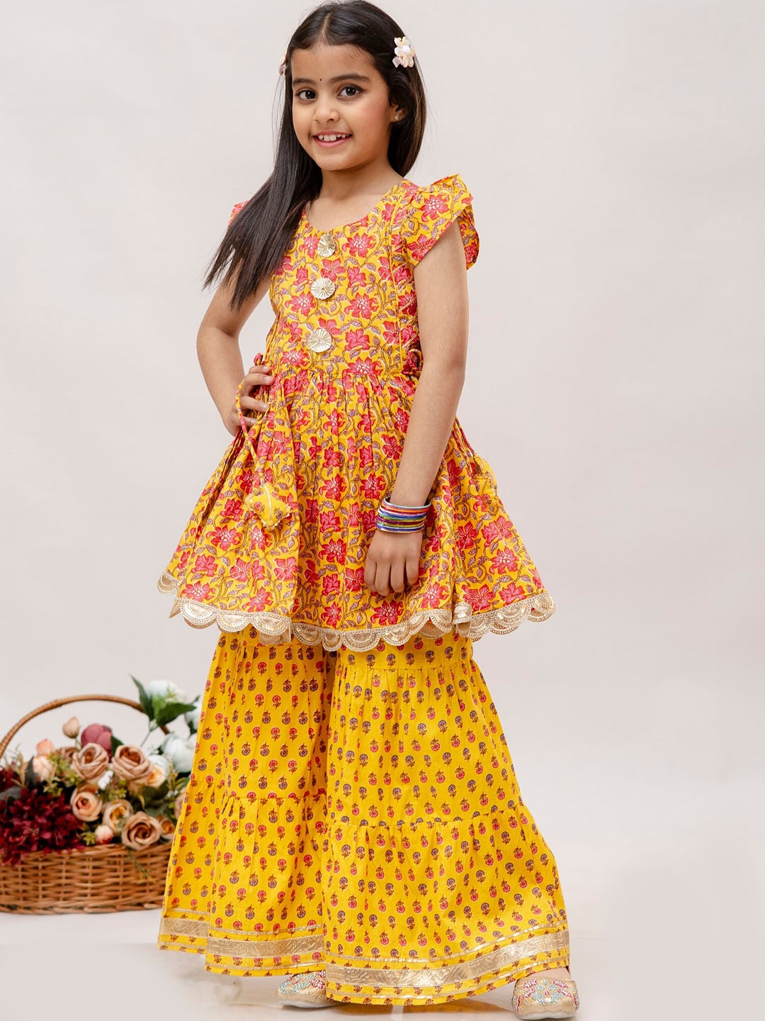 

BAESD Girls Ethnic Motifs Printed Regular Gotta Patti Pure Cotton Kurti with Sharara, Yellow