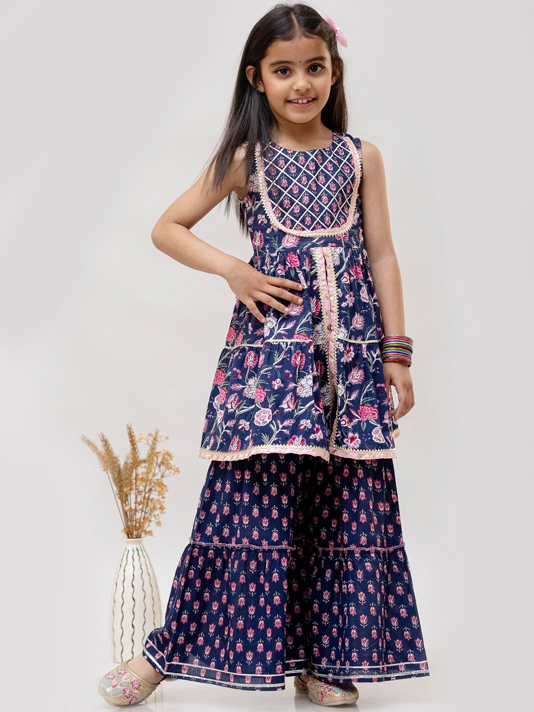 

BAESD Girls Floral Printed Sleeveless Gotta Patti Pure Cotton Regular Kurta with Sharara, Blue