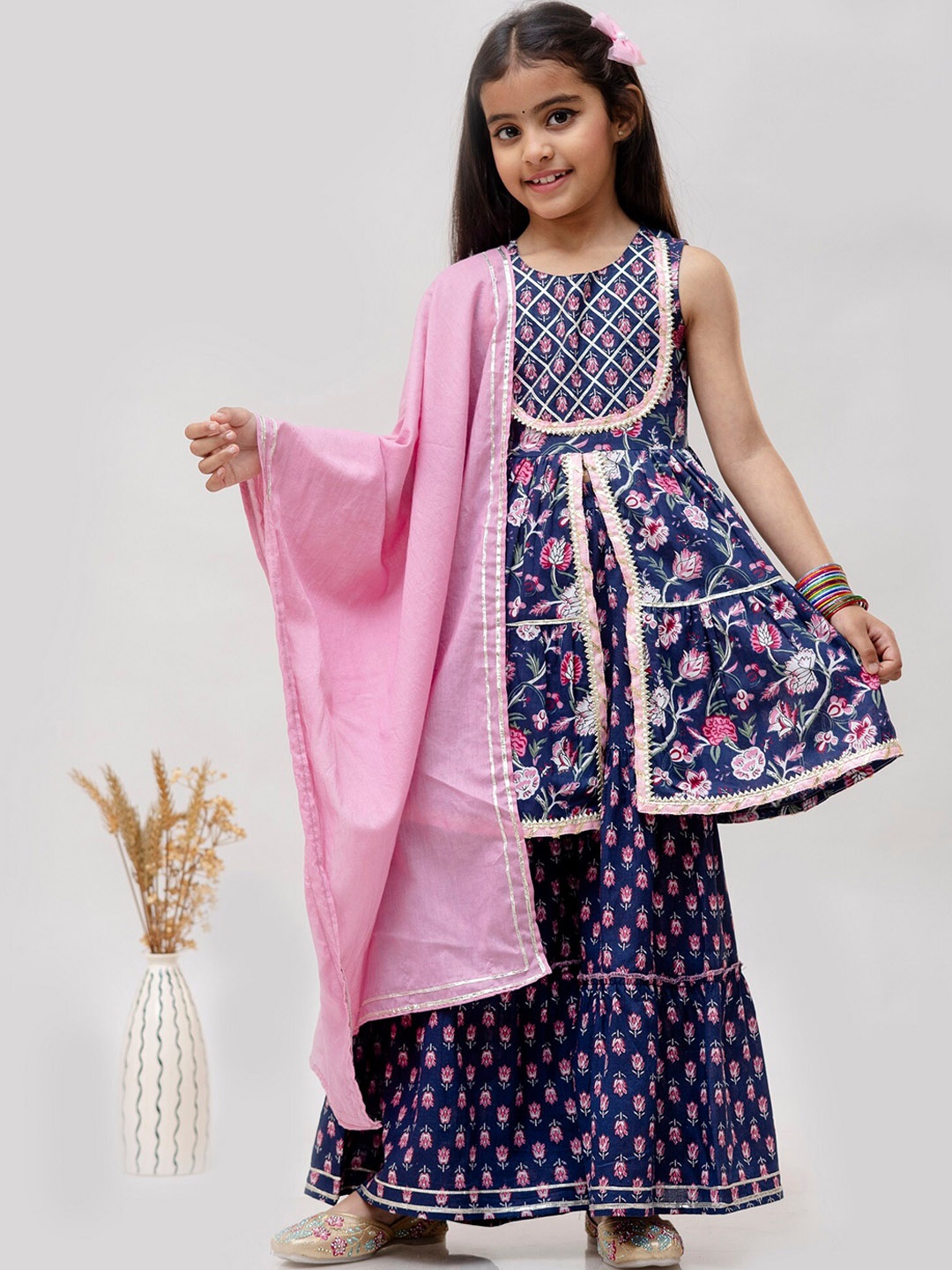 

BAESD Girls Floral Printed Regular Gotta Patti Pure Cotton Kurta With Sharara & Dupatta, Blue