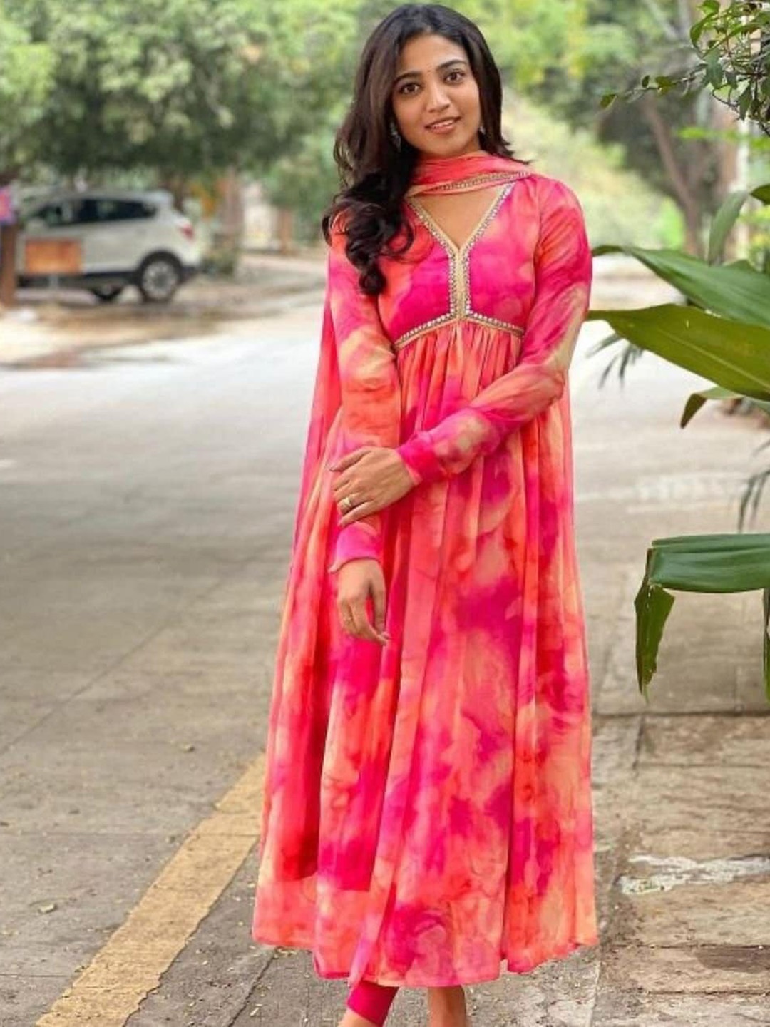 

KALINI Abstract Printed Empire Gotta Patti Anarkali Kurta with Trousers & Dupatta, Pink