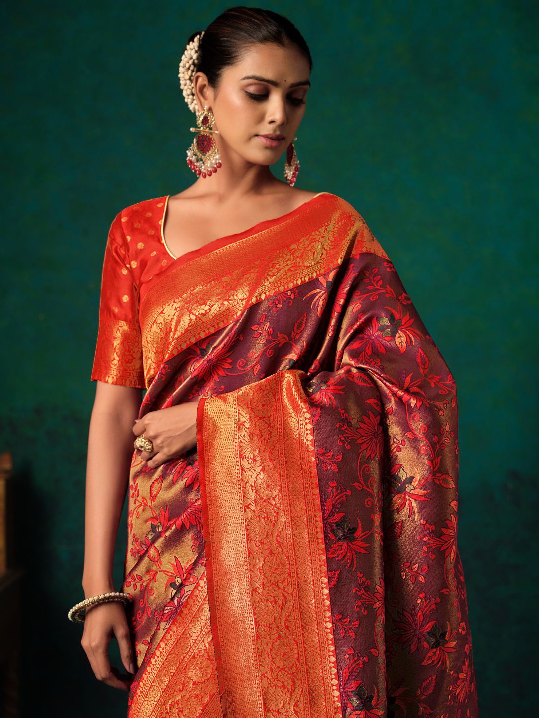 

KALINI Floral Woven Design Zari Paithani Saree, Burgundy