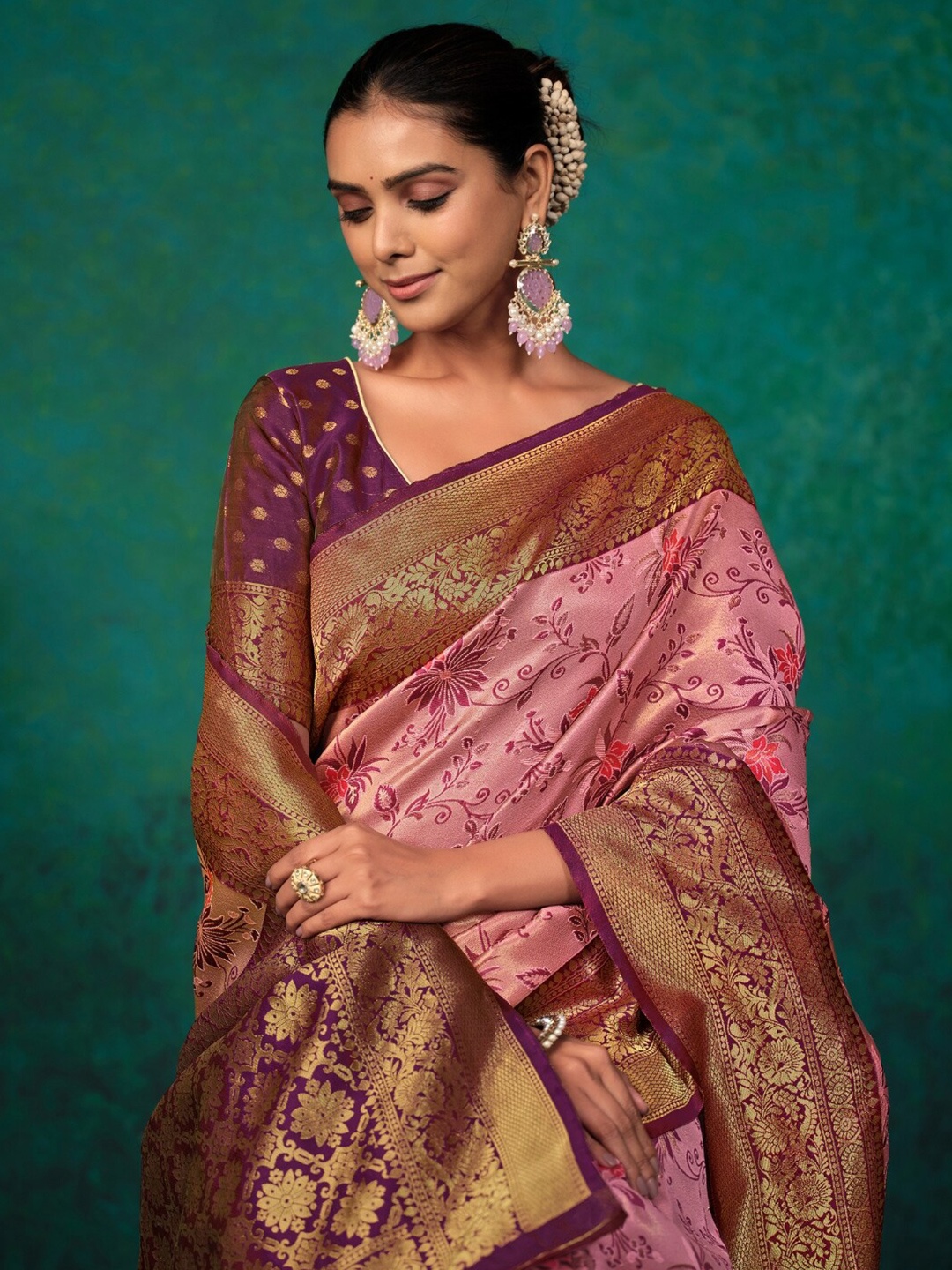 

KALINI Ethnic Motifs Woven Design Zari Paithani Saree, Pink