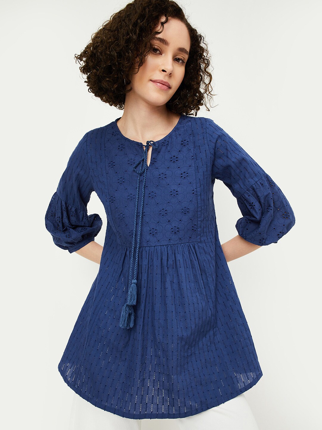 

max Embroidered Pure Cotton Tie-Up Neck Tunic, Blue