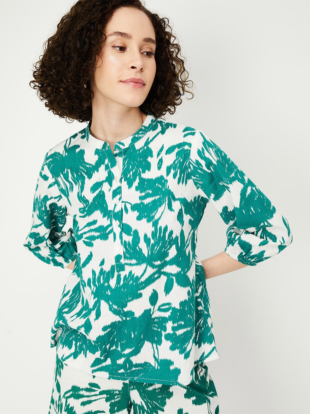 

max Mandarin Collar Printed Pure Cotton Tunic, Green