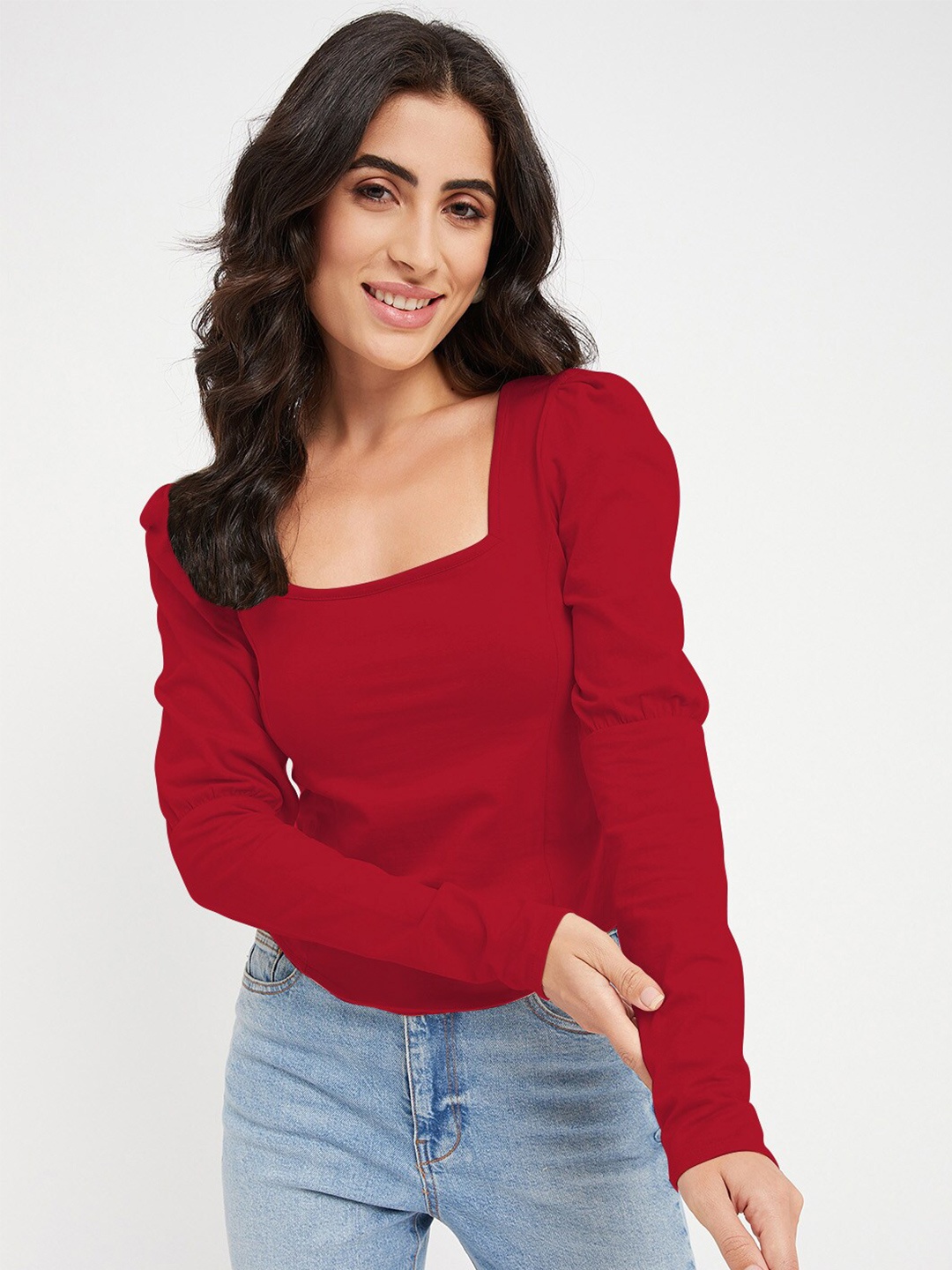

BRINNS Square Neck Puff Sleeves Top, Maroon