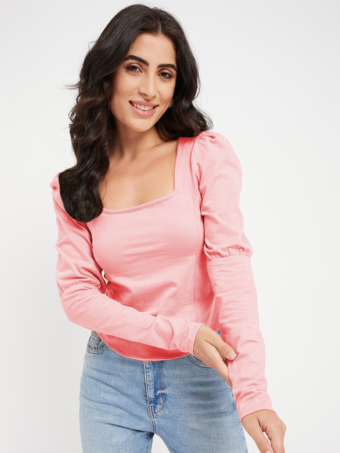 

BRINNS Cotton Square Neck Puff Sleeve Casual Top, Pink