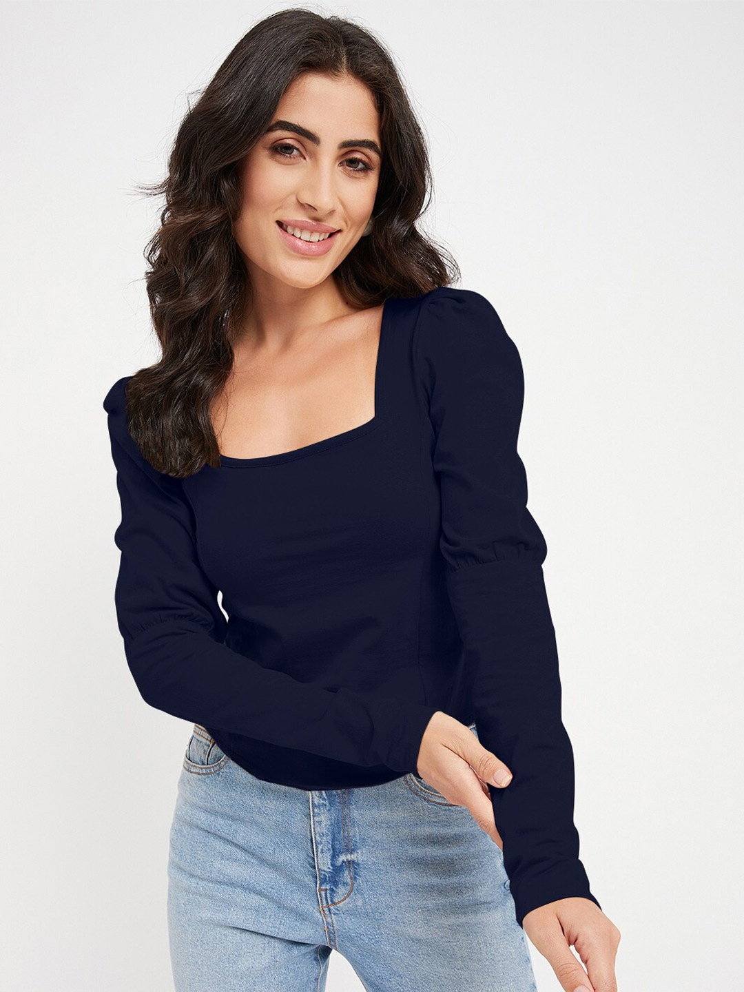 

BRINNS Cotton Square Neck Puff Sleeve Casual Top, Navy blue