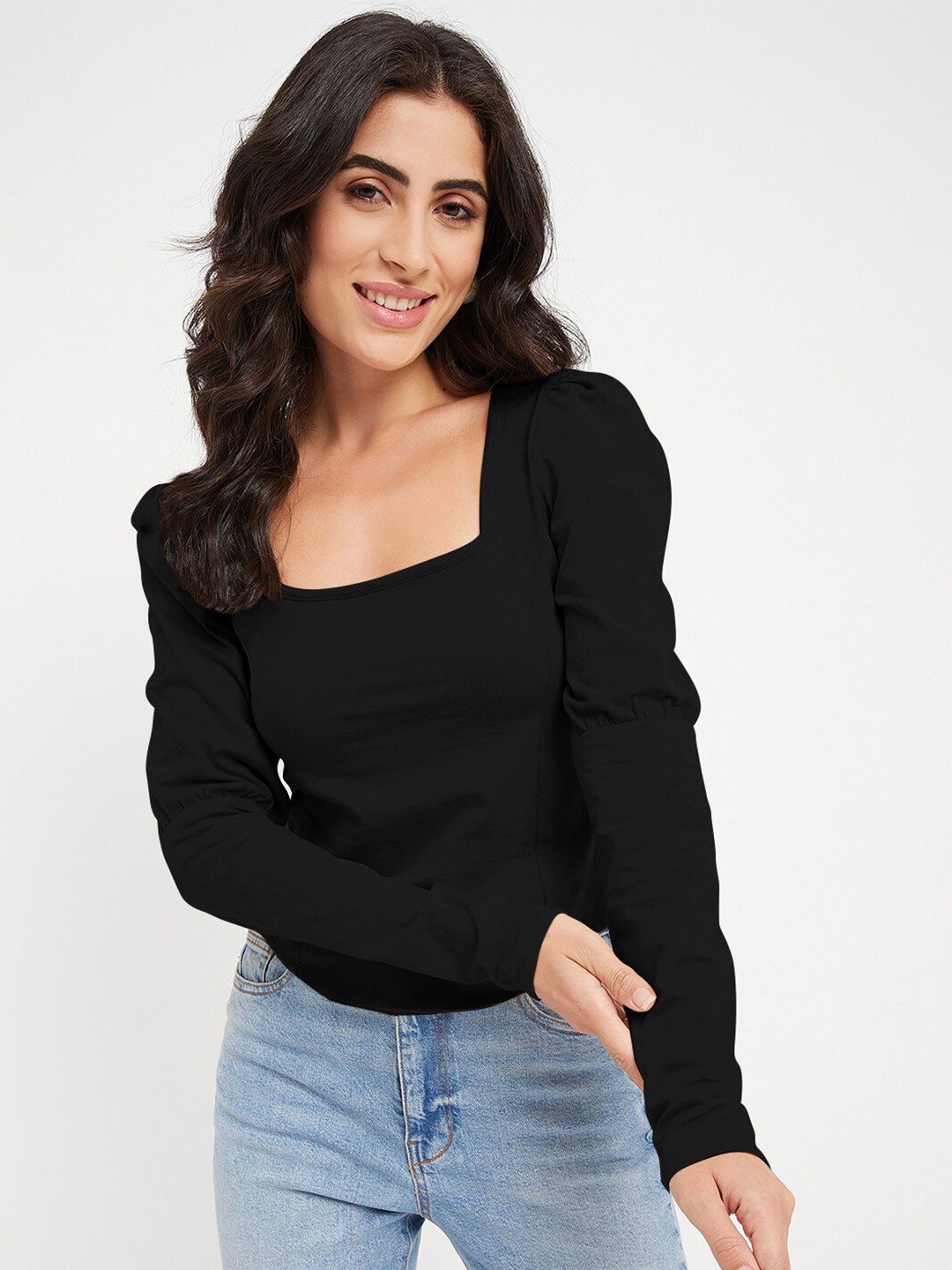 

BRINNS Cotton Square Neck Puff Sleeve Casual Top, Black