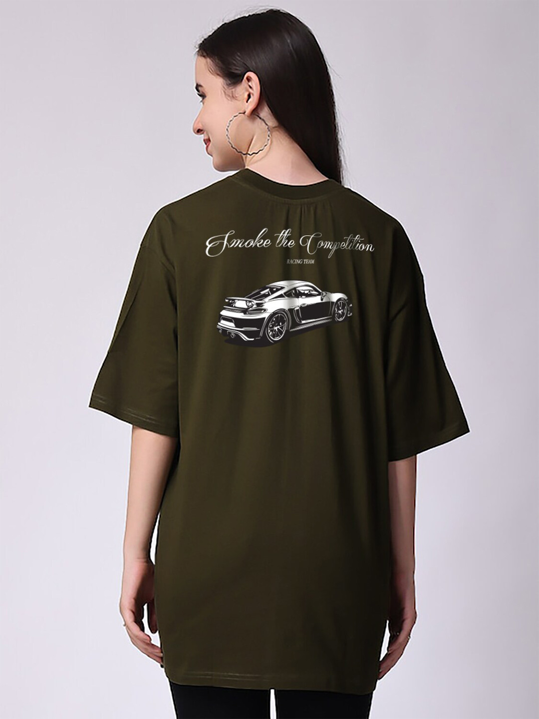 

MISCHIEF MONKEY Typography Round Neck Oversized T-shirt, Olive