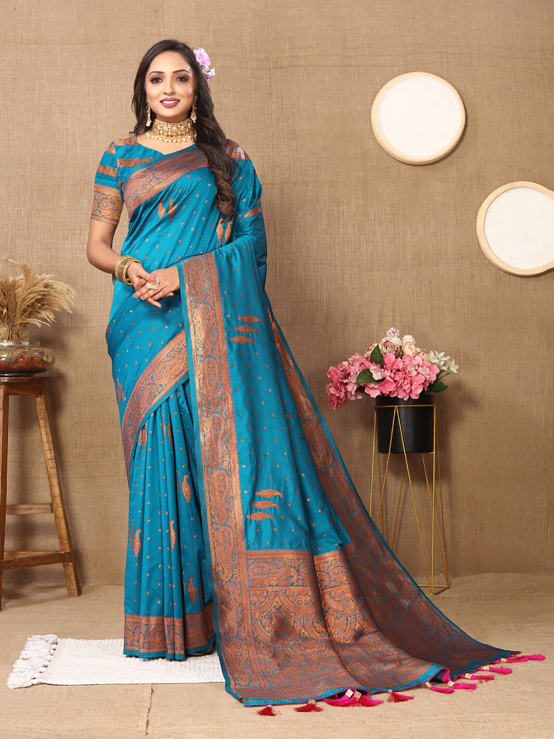 

KALINI Ethnic Motifs Woven Design Zari Banarasi Saree, Turquoise blue