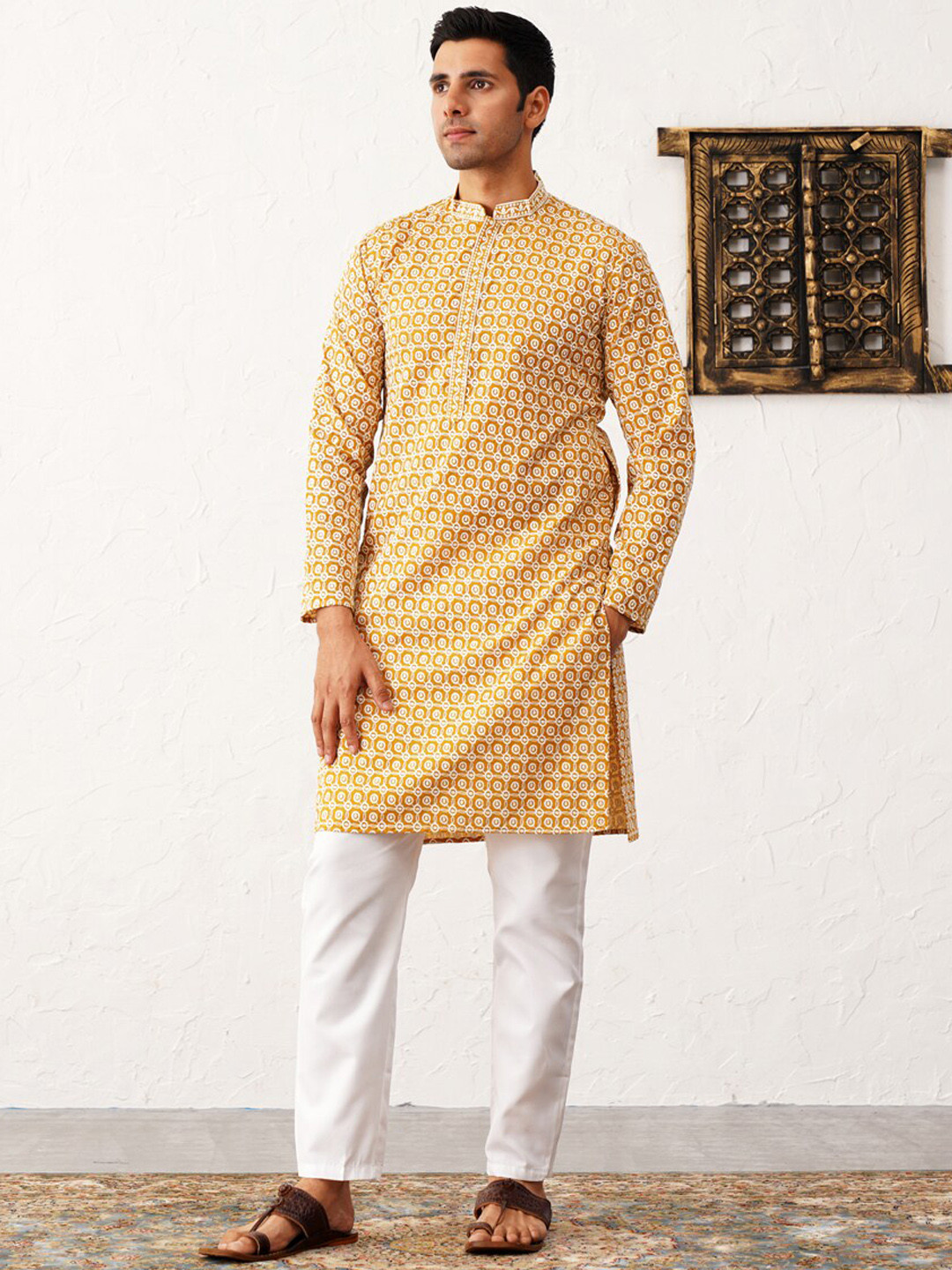 

Jompers Mandarin Collar Embroidered Pure Cotton Chikankari Straight Kurta with Pyjamas, Mustard