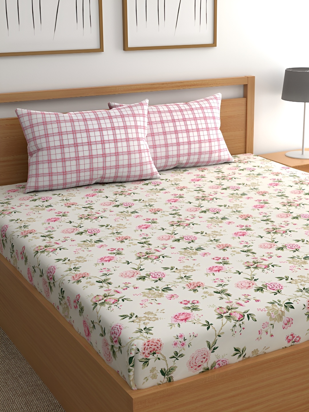 

CHHAVI INDIA Pink & Green Floral Microfiber 210 TC King Bedsheet with 2 Pillow Covers