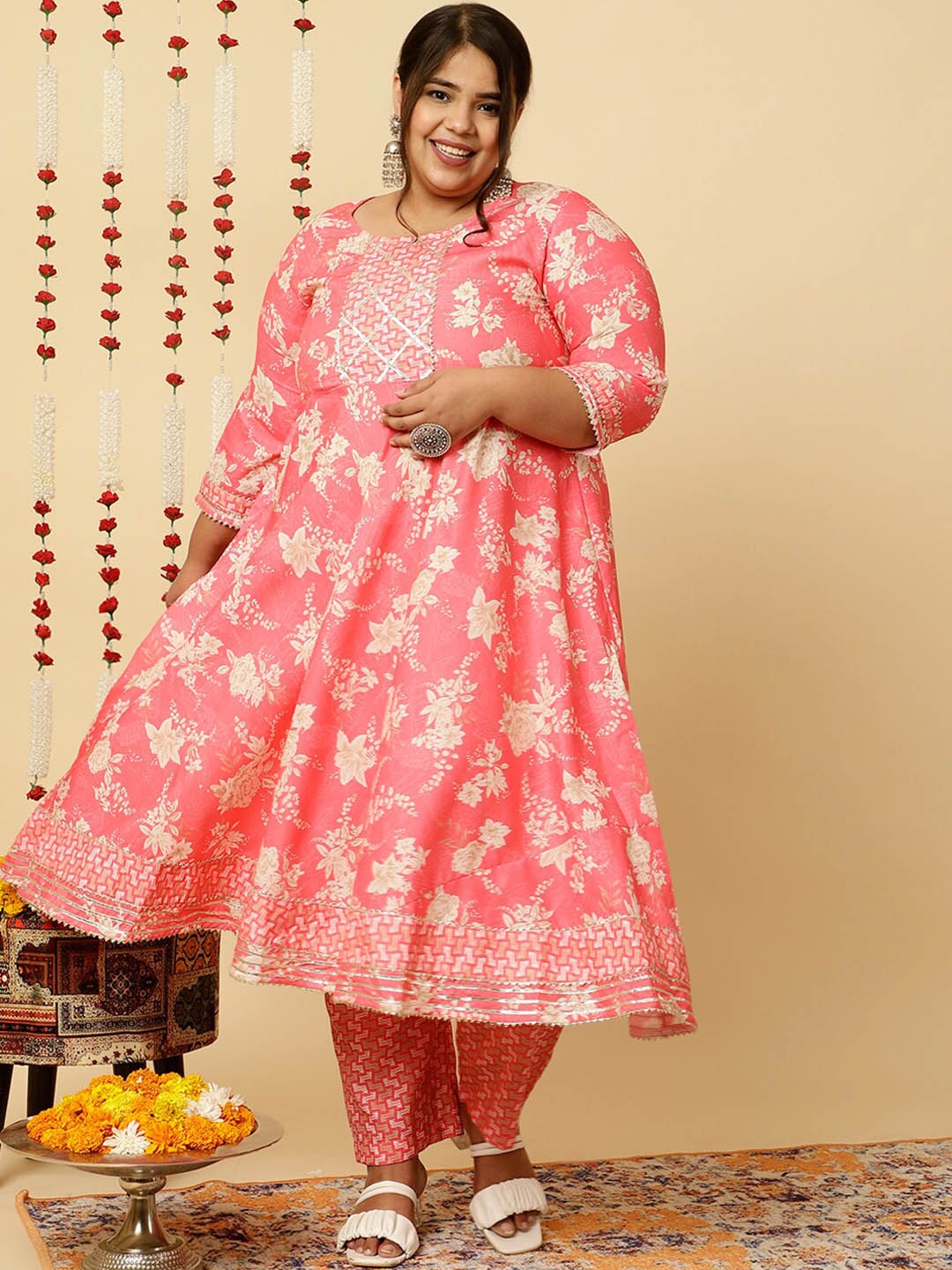 

Jaipur Kurti Plus Size Floral Print Flared Kurta With Pants And Dupatta, Peach