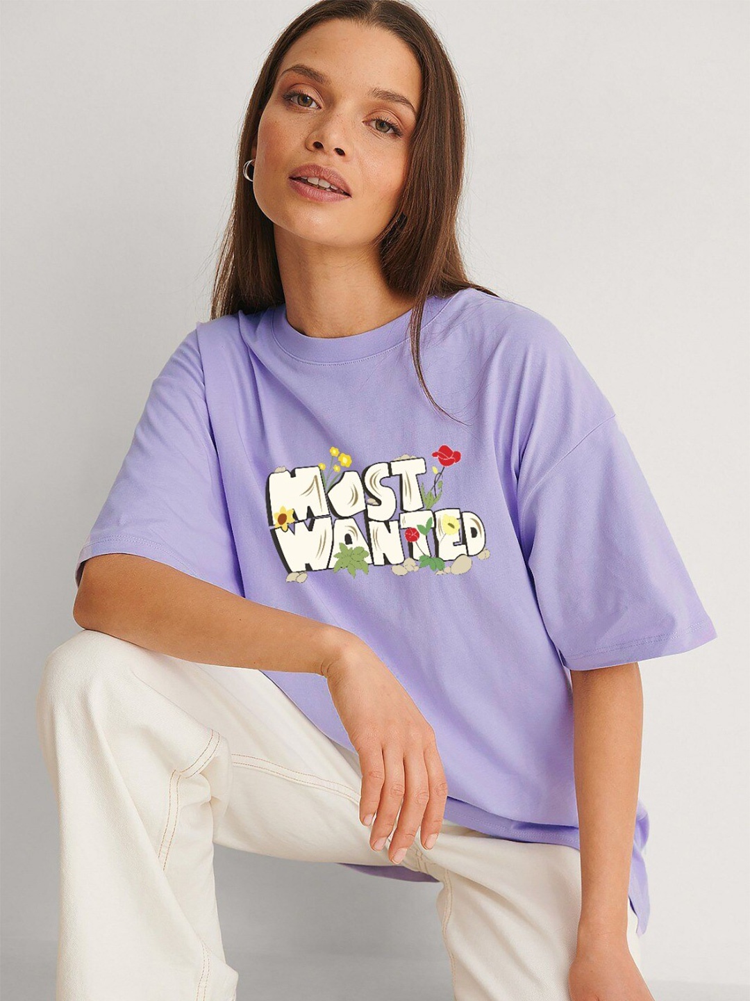 

MISCHIEF MONKEY Typography Printed Round Neck Short Sleeves Cotton T-shirt, Lavender
