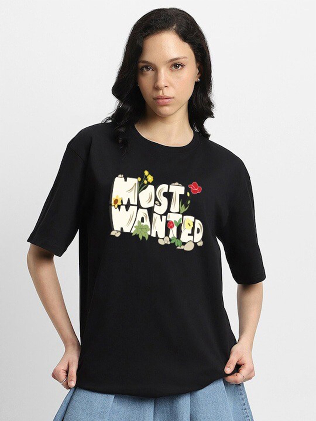 

MISCHIEF MONKEY Printed Round Neck Short Sleeves Cotton T-shirt, Black