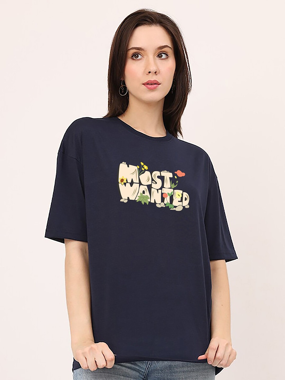 

MISCHIEF MONKEY Printed Round Neck Short Sleeves Cotton T-shirt, Navy blue