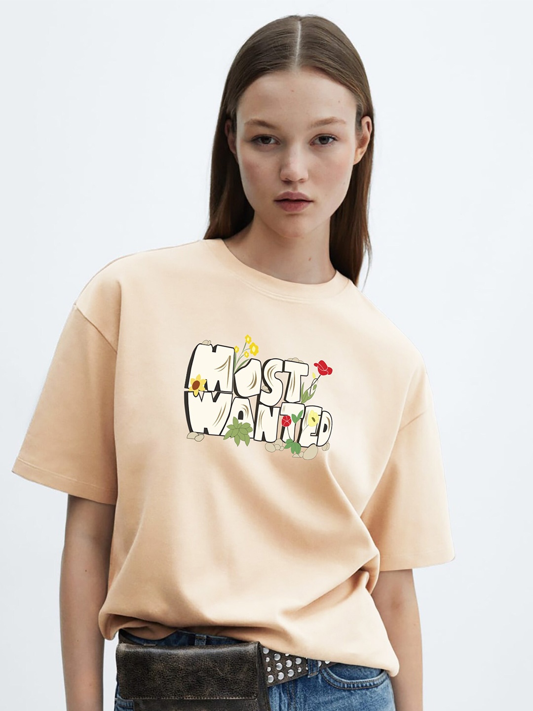 

MISCHIEF MONKEY Floral Printed Round Neck Short Sleeves Cotton T-shirt, Beige