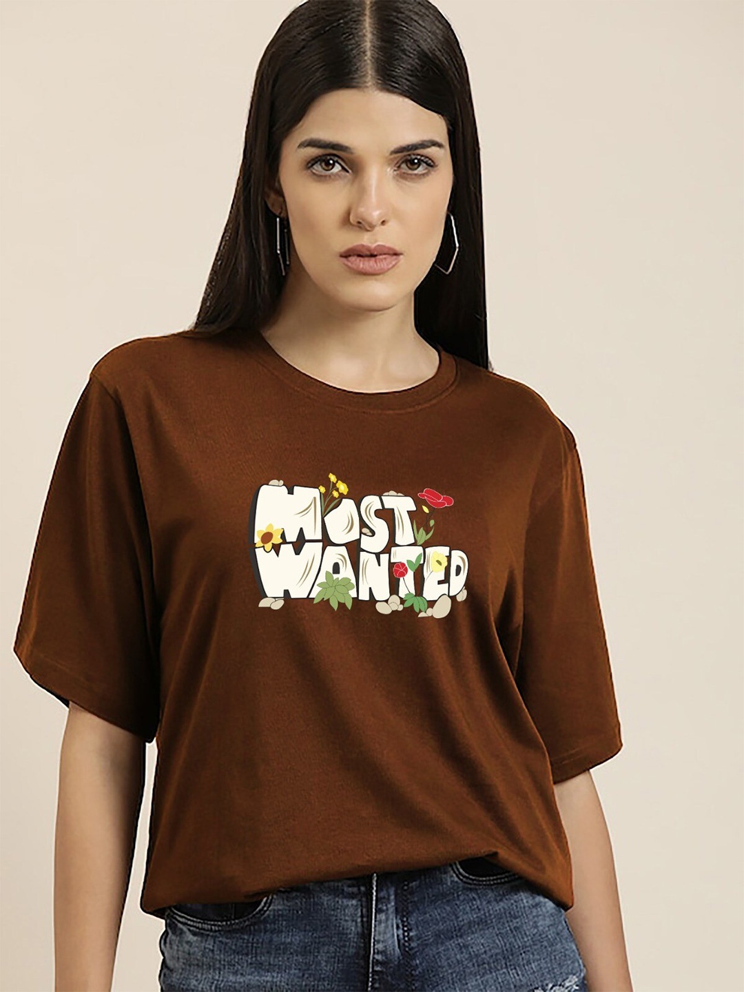 

MISCHIEF MONKEY Printed Round Neck Short Sleeves Cotton T-shirt, Coffee brown