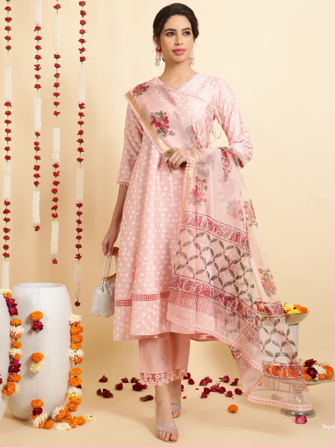 

Jaipur Kurti Festive Printed Anarkali Kurta Set With Handblock Dupatta, Pink