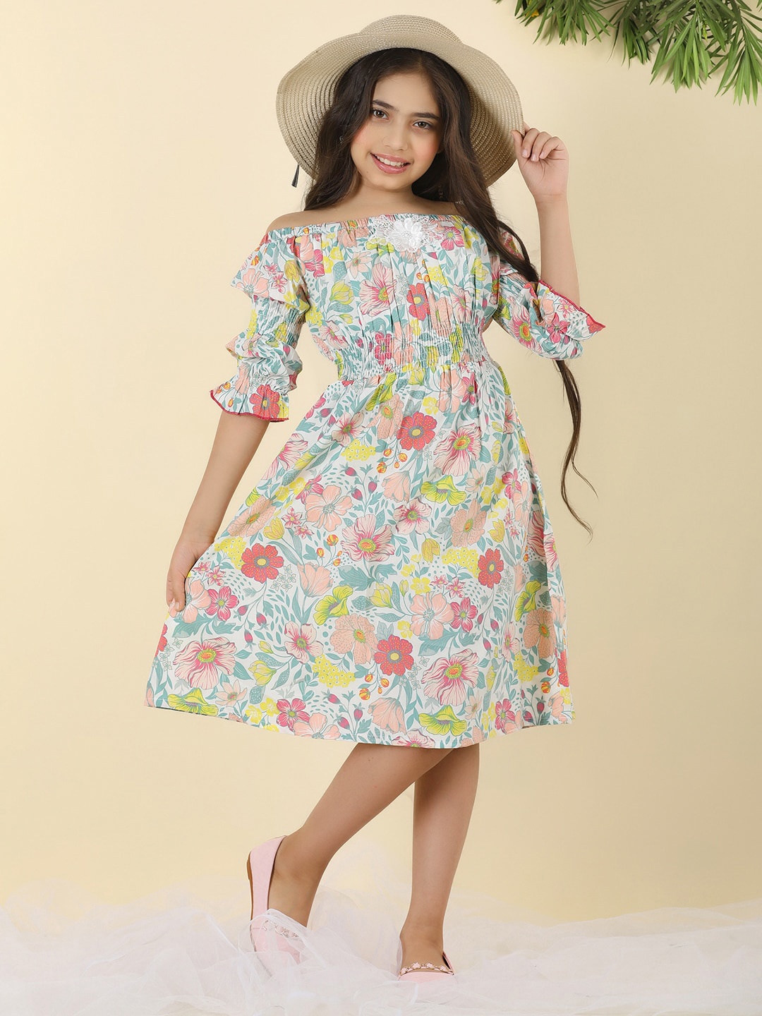 

Cutiekins Girls Floral Printed Off Shoulder Cotton A-Line Dress, White