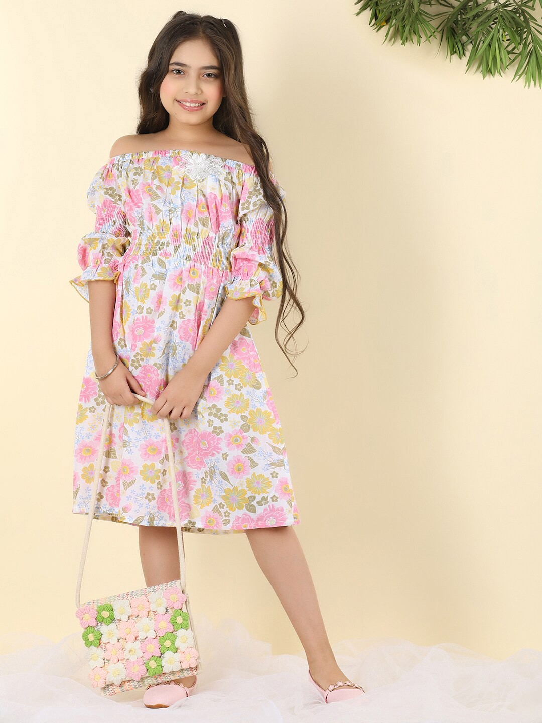 

Cutiekins Girls Floral Printed Off Shoulder Cotton A-Line Dress, White