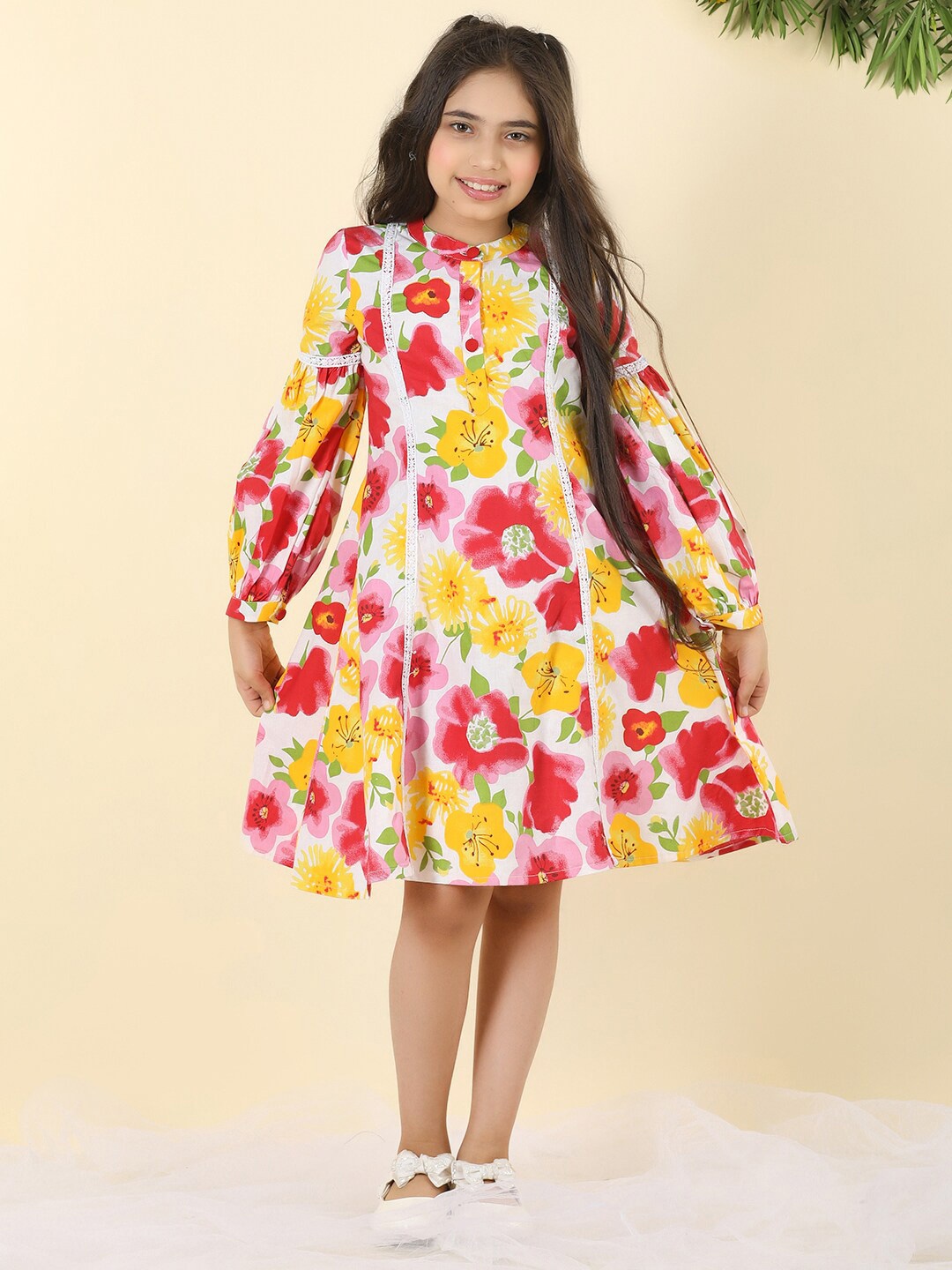 

Cutiekins Girls Floral Printed Mandarin Collar Cotton A-Line Dress, White