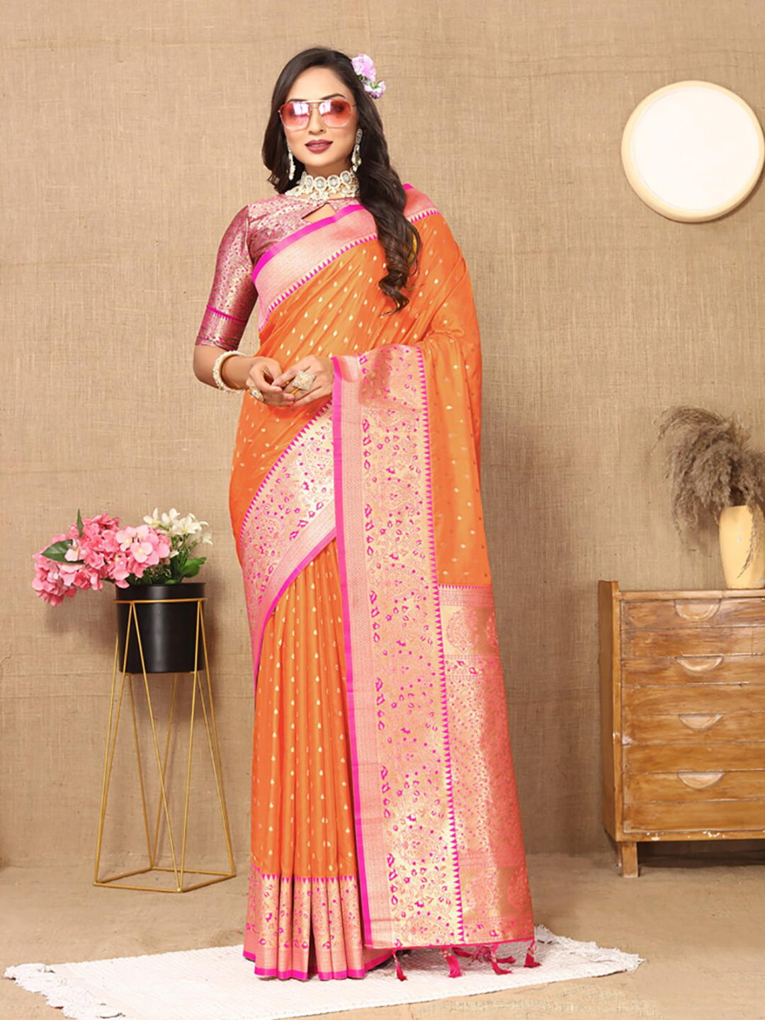 

KALINI Ethnic Motifs Woven Design Zari Art Silk Banarasi Saree, Orange