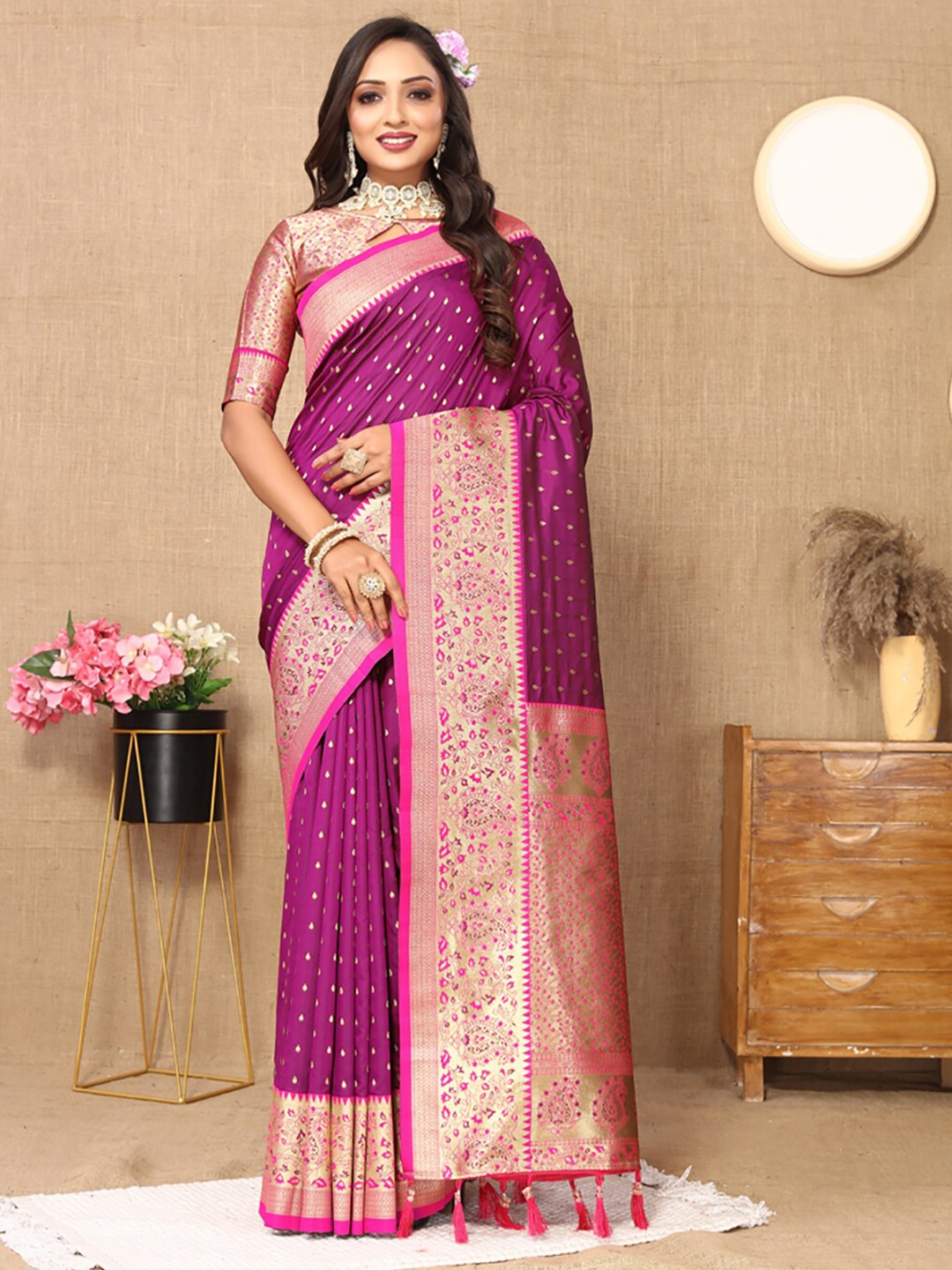 

KALINI Ethnic Motifs Woven Design Zari Art Silk Banarasi Saree, Magenta