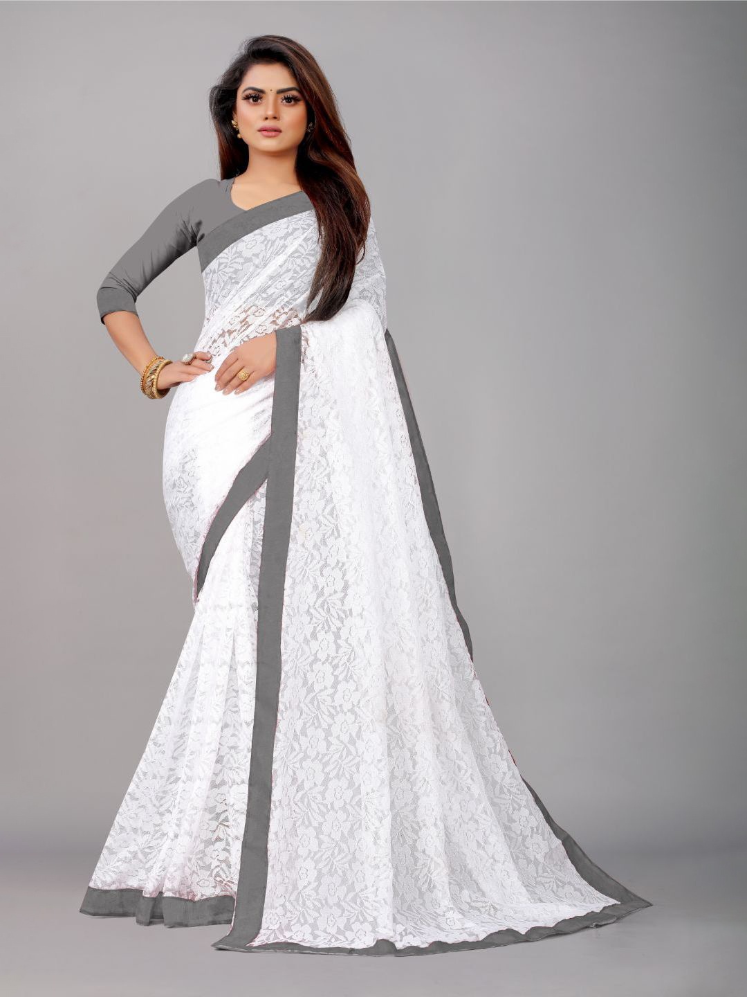 

Aruna Sarees Floral Woven Design Brasso Saree, Grey