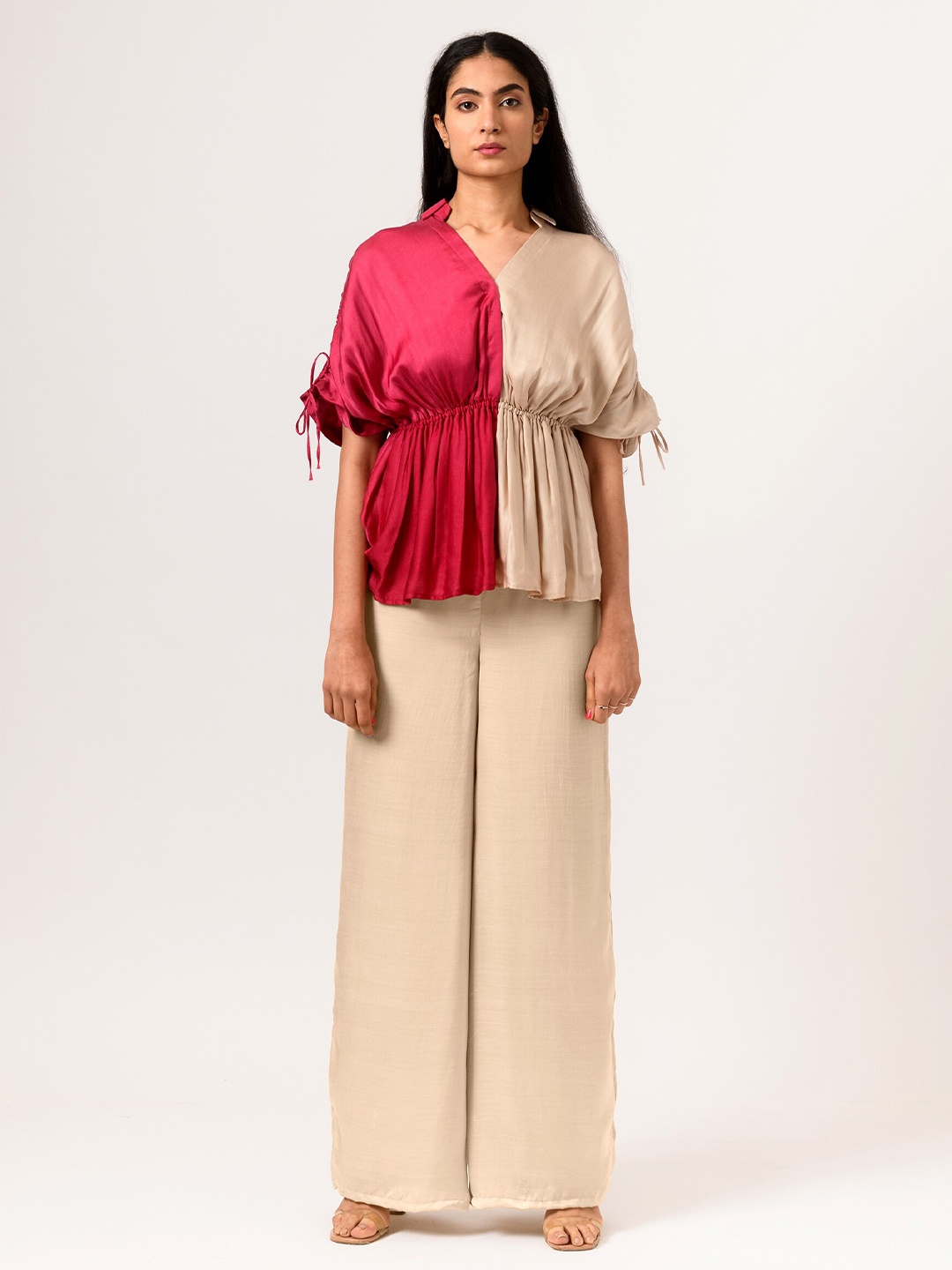 

Neora Colourblocked Shirt Collar Kimono Sleeve Gathered Ruched Blouson Top, Beige