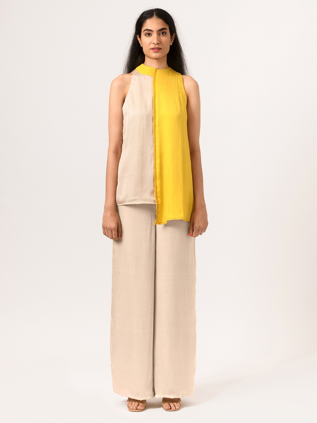 

Neora Colourblocked High Neck Sleeveless Regular Top, Cream