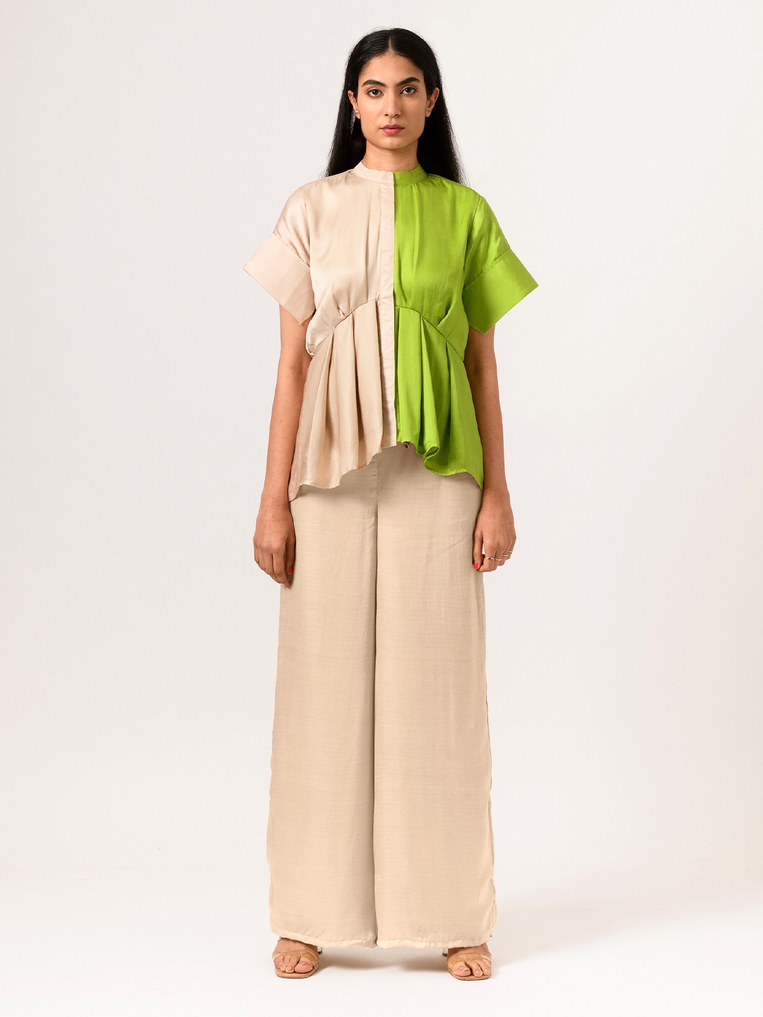 

Neora Colourblocked High Neck Kimono Sleeve Pleated Empire Top, Beige