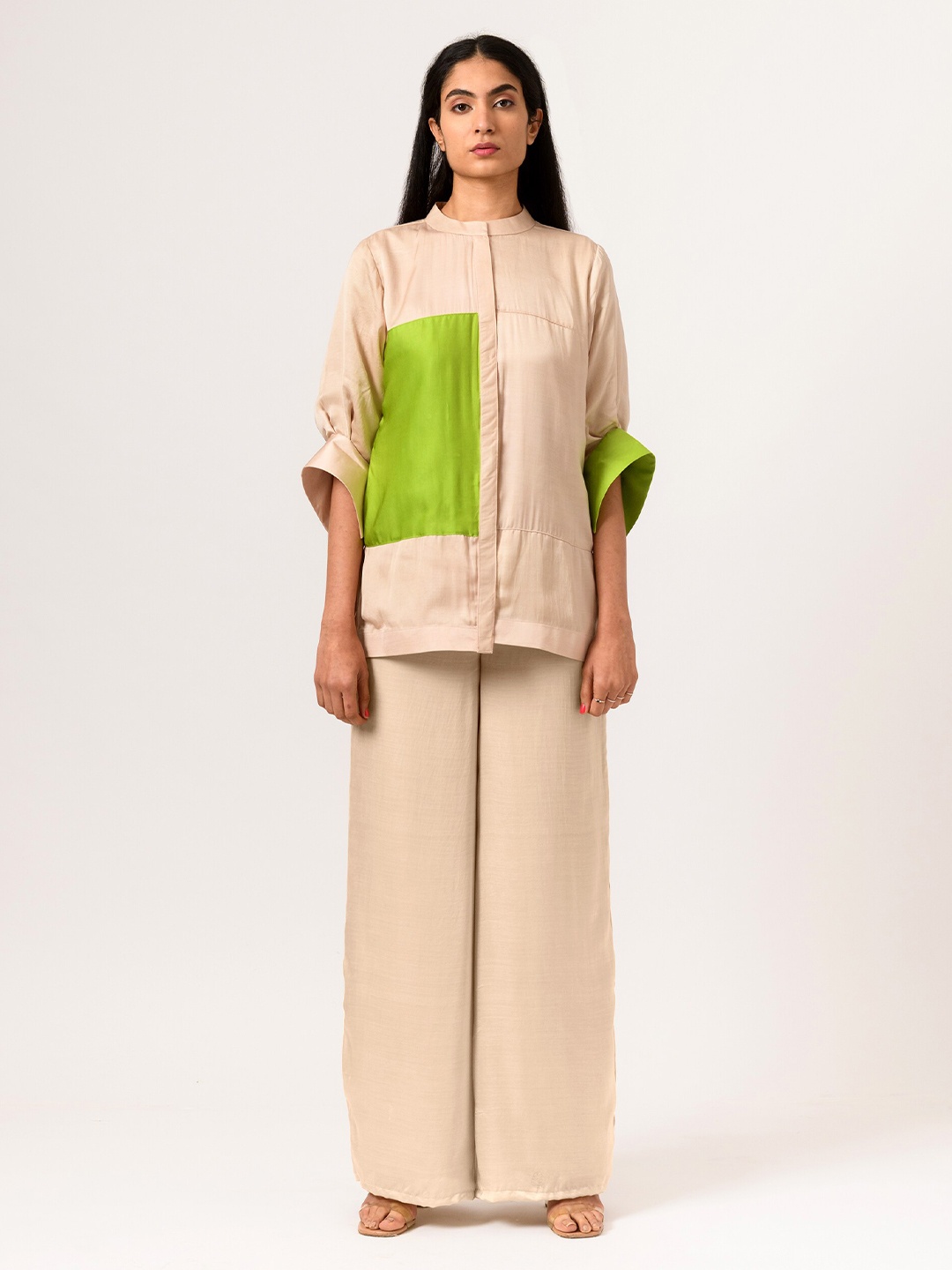 

Neora Colourblocked Mandarin Collar Top, Beige