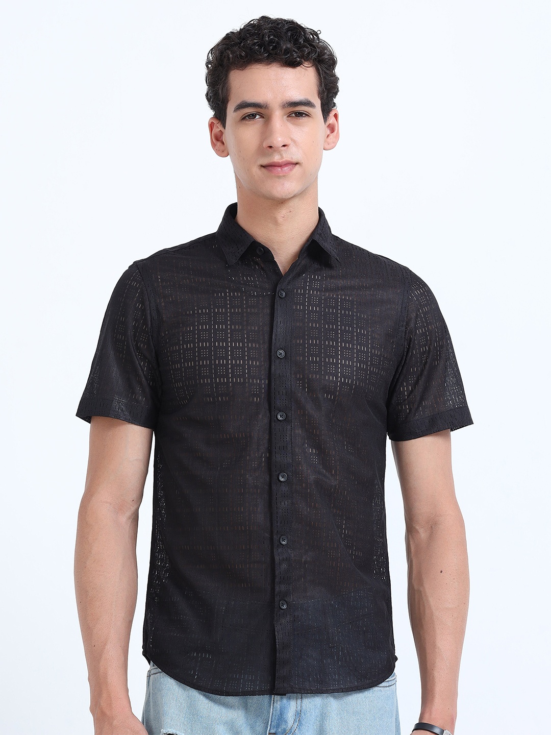 

RIDELIFE Slim Fit Spread Collar Opaque Printed Casual Shirt, Black