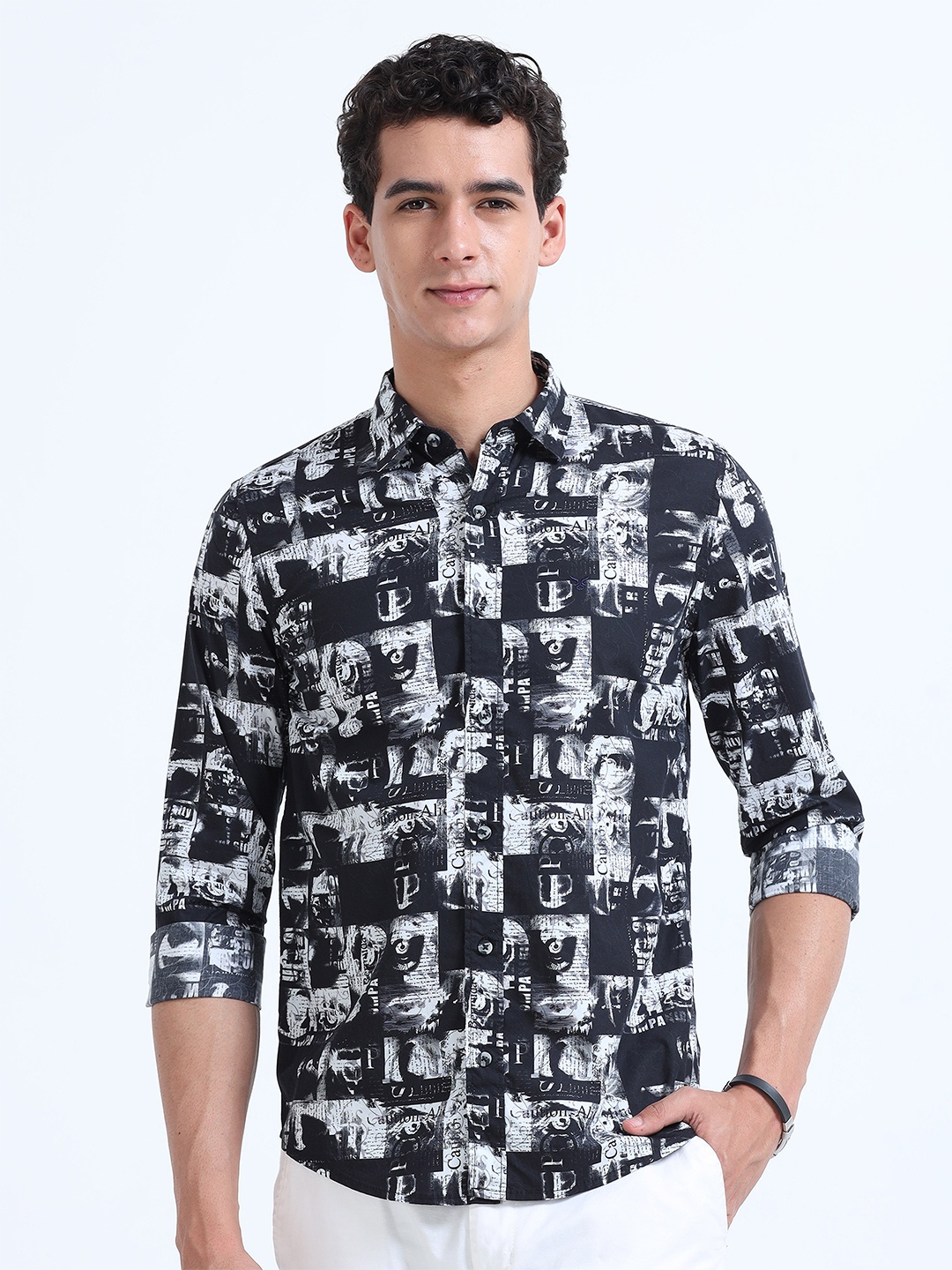 

RIDELIFE Slim Fit Spread Collar Opaque Printed Cotton Casual Shirt, White