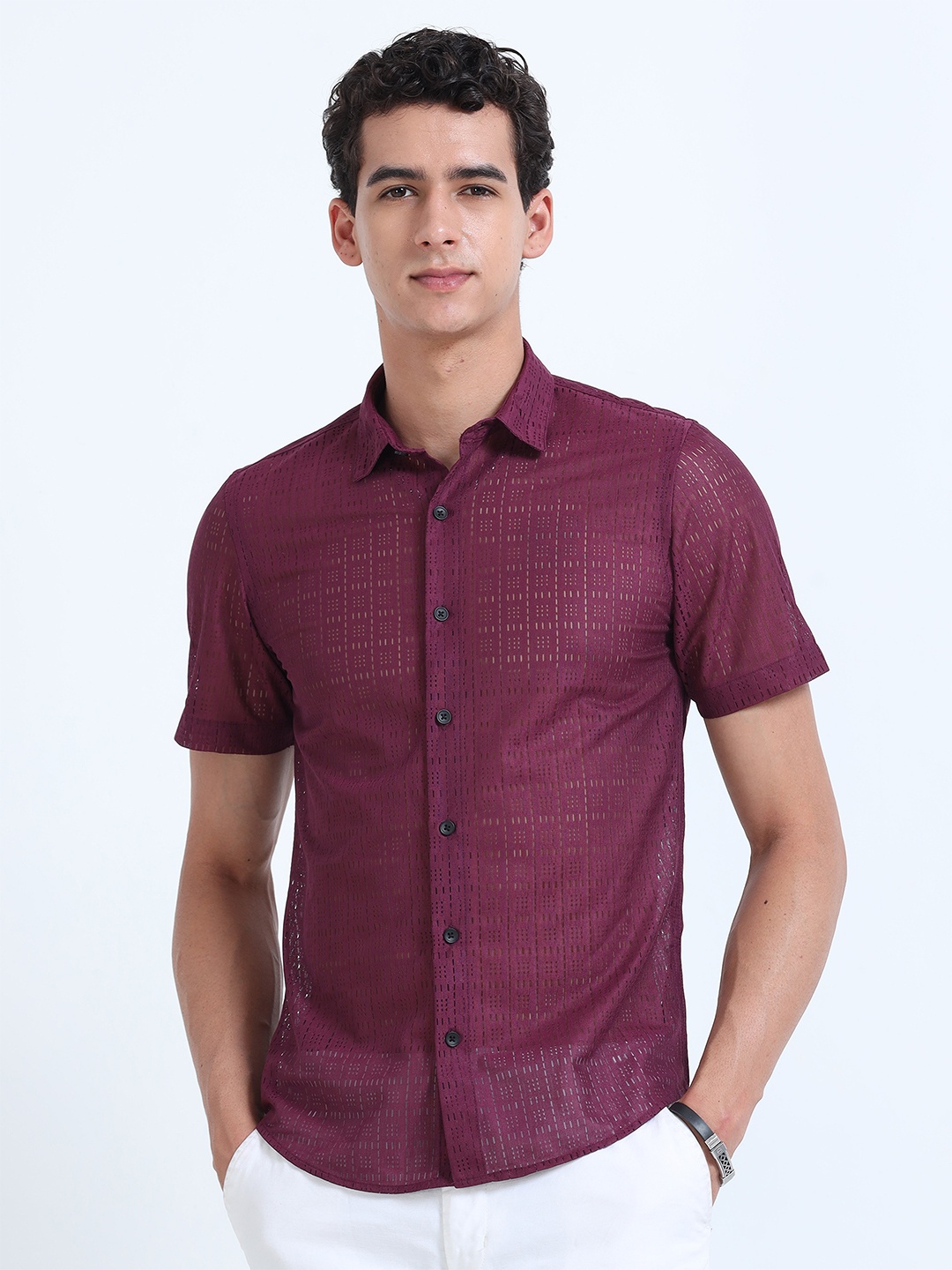 

RIDELIFE Slim Fit Spread Collar Micro Checks Opaque Checked Casual Shirt, Maroon