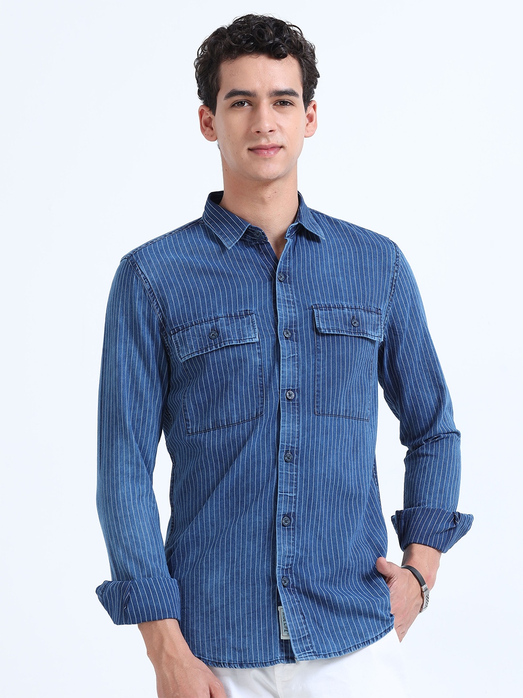 

RIDELIFE Slim Fit Spread Collar Opaque Striped Denim Casual Shirt, Blue