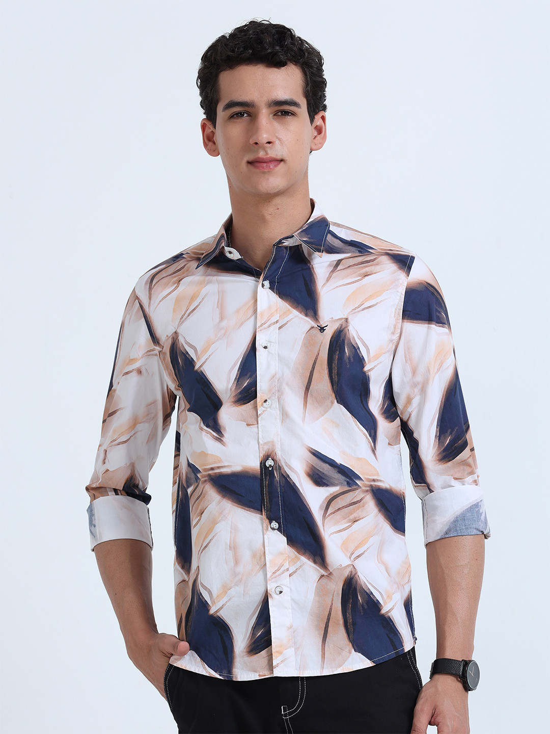 

RIDELIFE Slim Fit Spread Collar Opaque Printed Cotton Casual Shirt, White