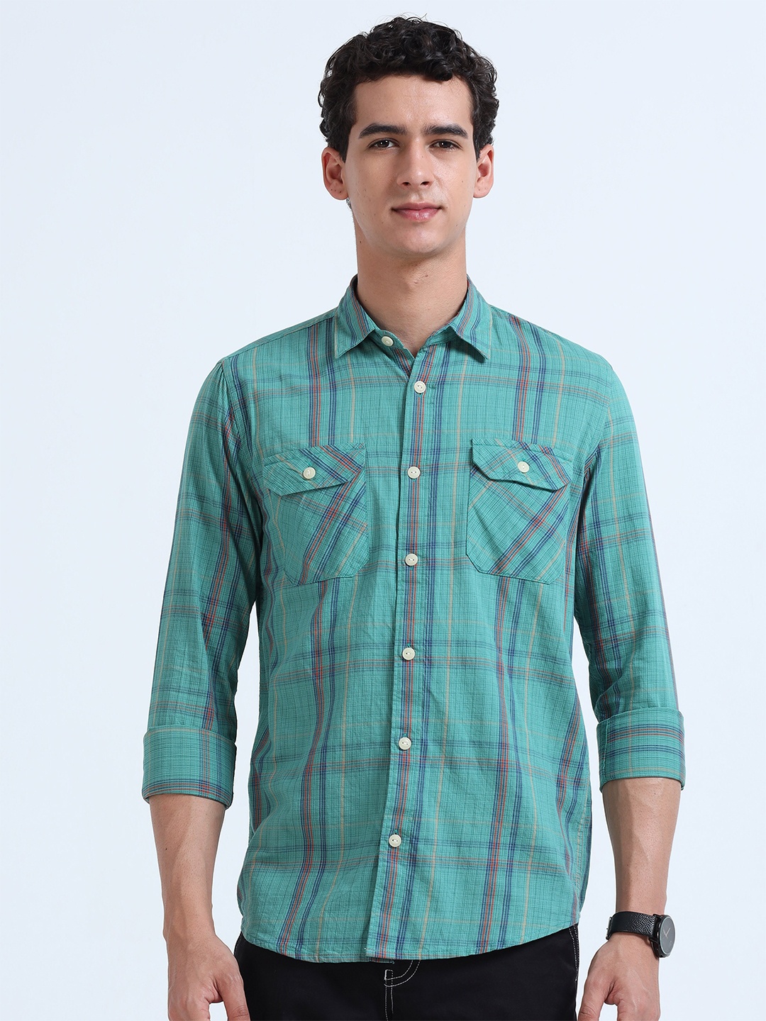 

RIDELIFE Slim Fit Spread Collar Tartan Checks Opaque Checked Cotton Casual Shirt, Green