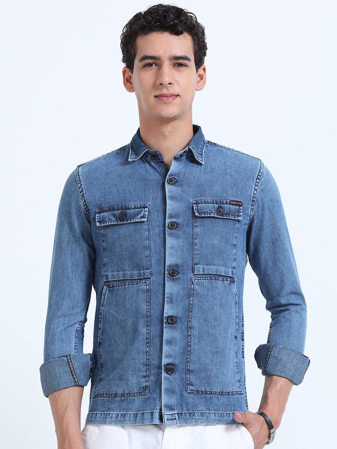 

RIDELIFE Slim Fit Spread Collar Faded Opaque Denim Casual Shirt, Blue