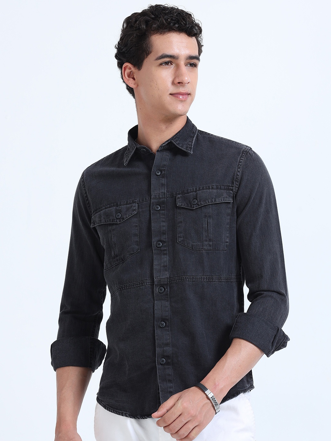 

RIDELIFE Slim Fit Spread Collar Opaque Denim Casual Shirt, Black