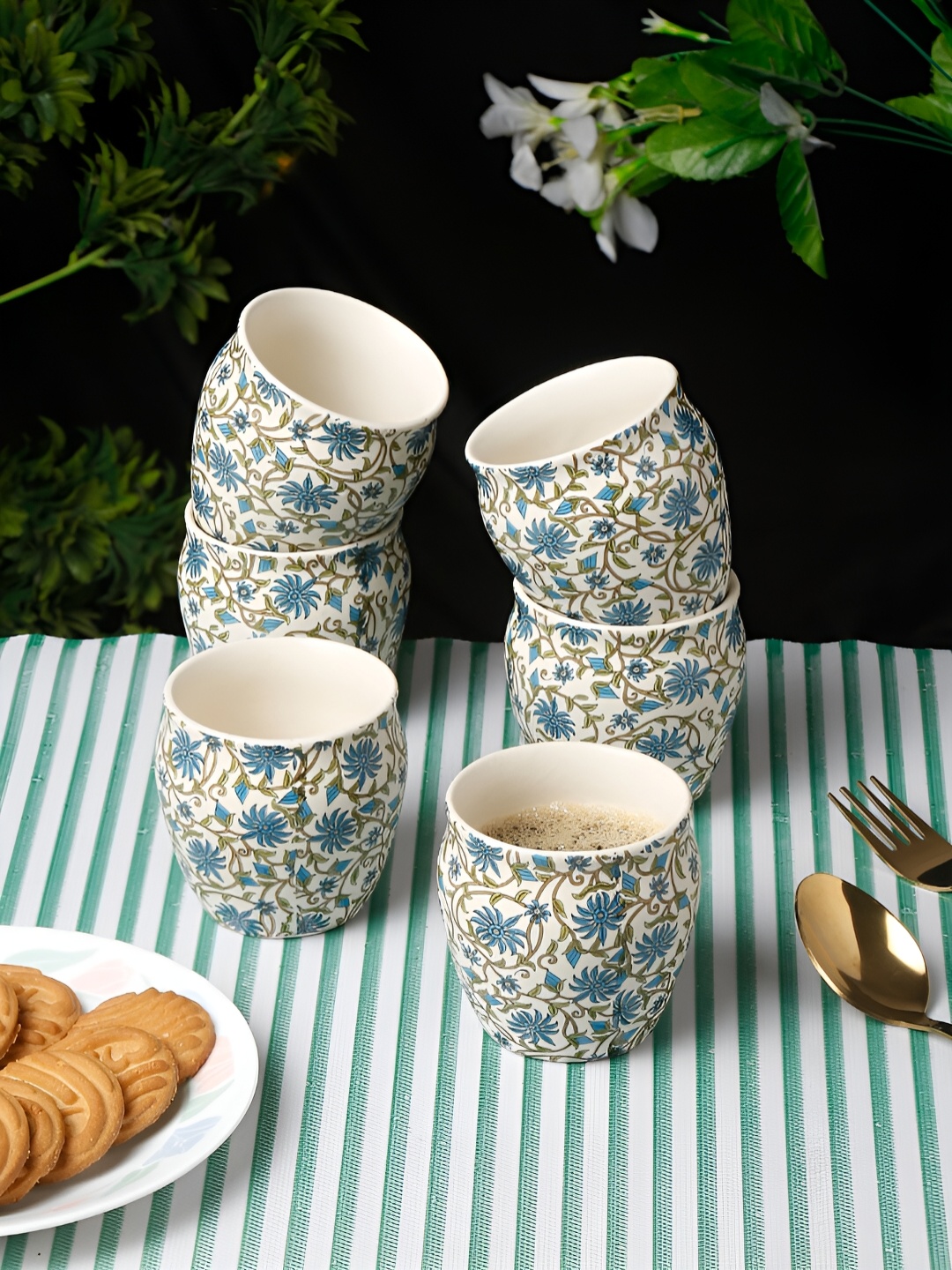 

Arrabi White & Blue 6 Pieces Floral Printed Ceramic Glossy Kulladhs 220 ml Each