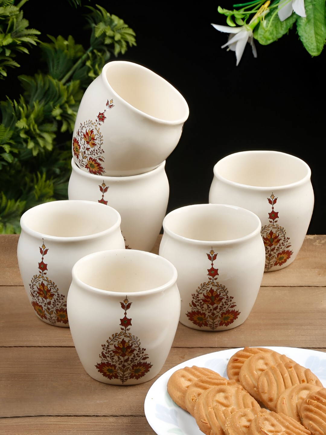 

Arrabi White & Red 6 Pieces Floral Printed Ceramic Glossy Kulladhs 220 ml Each
