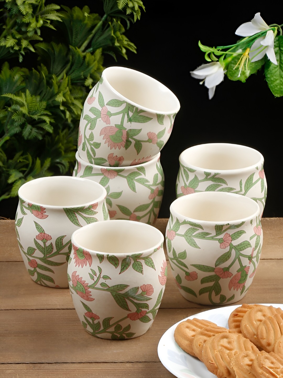 

Arrabi White & Green 6 Pieces Floral Printed Ceramic Glossy Kulladhs 220 ml Each
