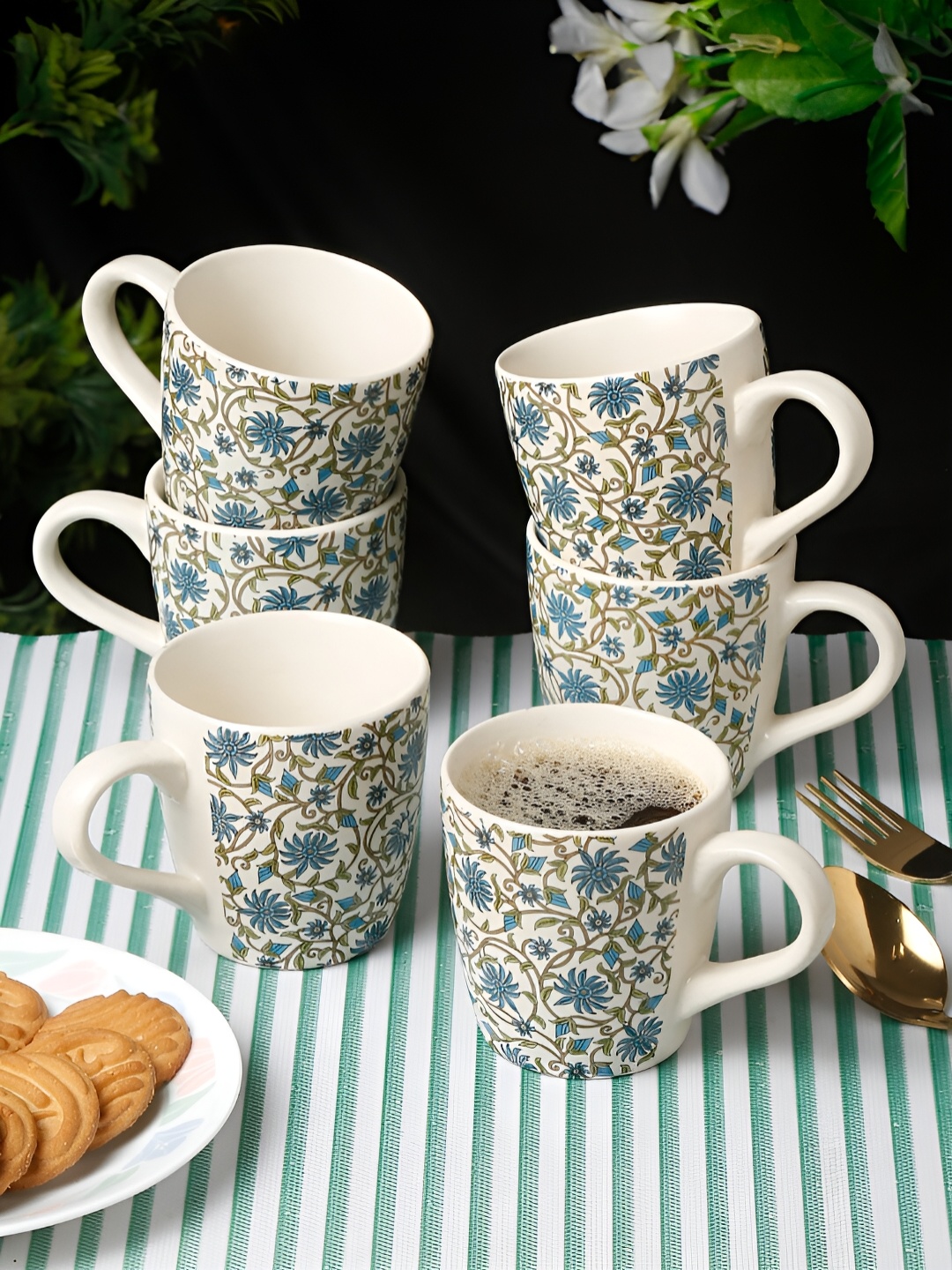 

Arrabi White & Blue 6 Pieces Floral Printed Stoneware Matte Cups 220 ml Each