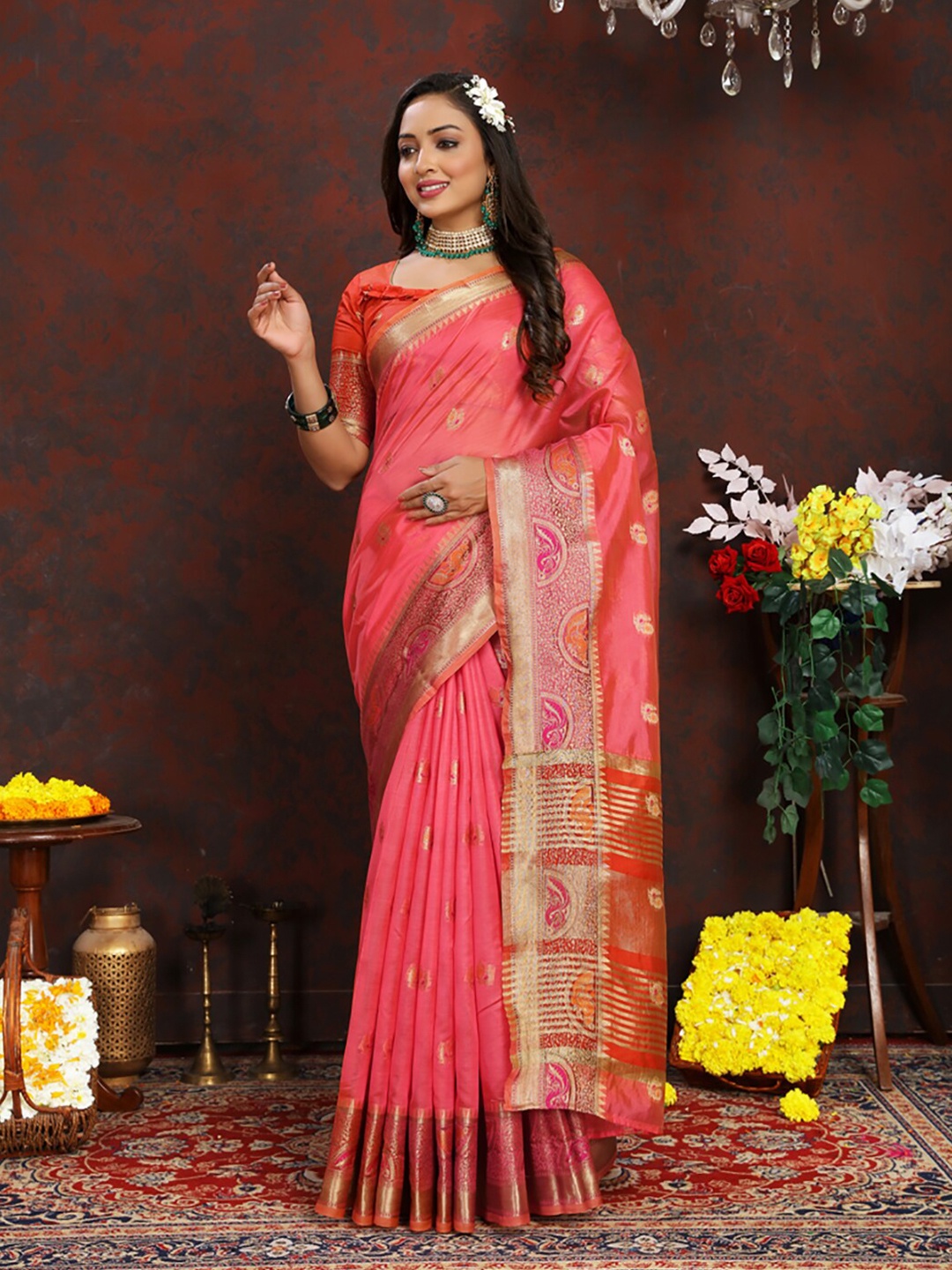 

KALINI Woven Design Zari Organza Banarasi Saree, Peach