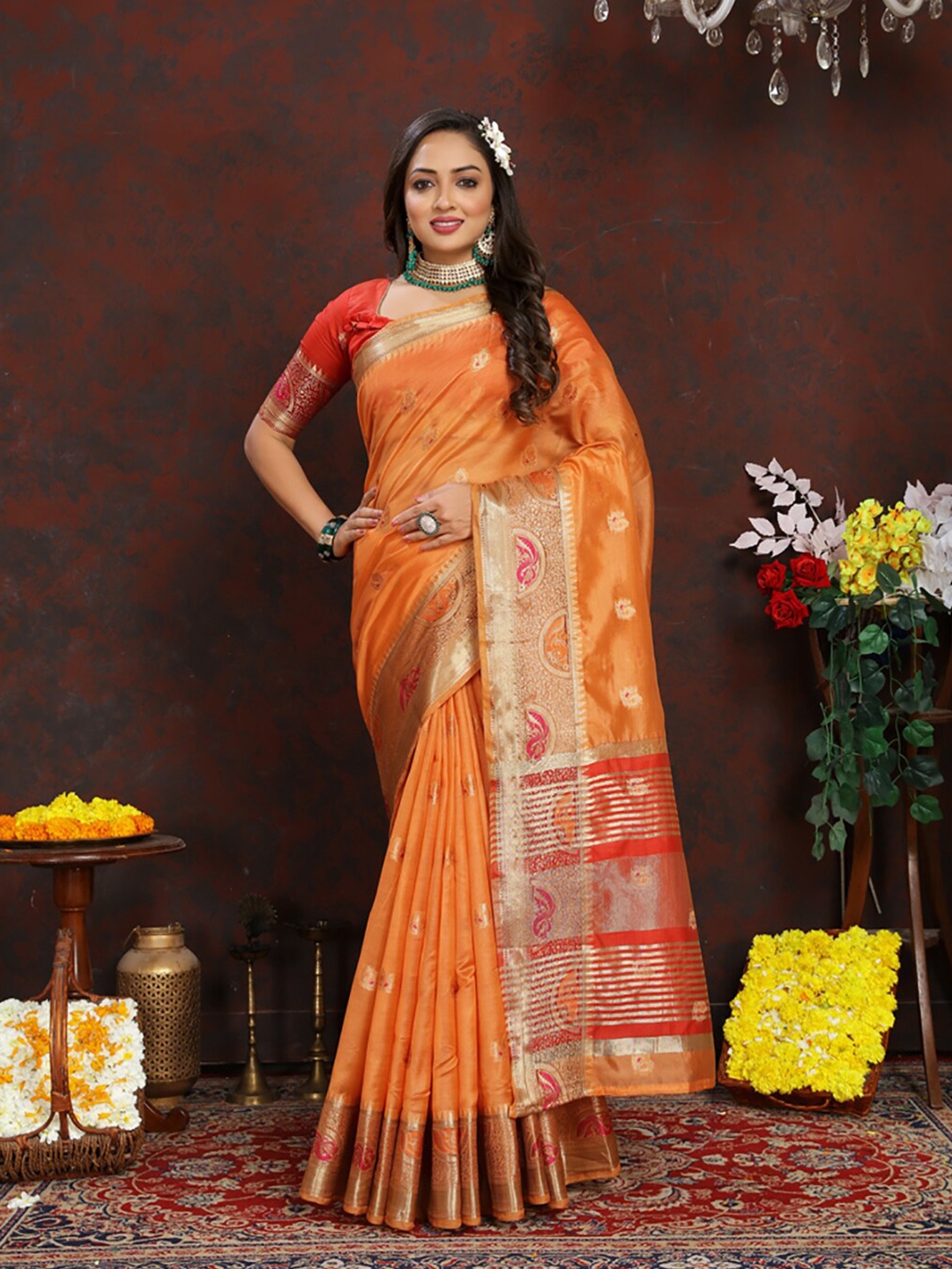 

KALINI Woven Design Zari Organza Banarasi Saree, Orange