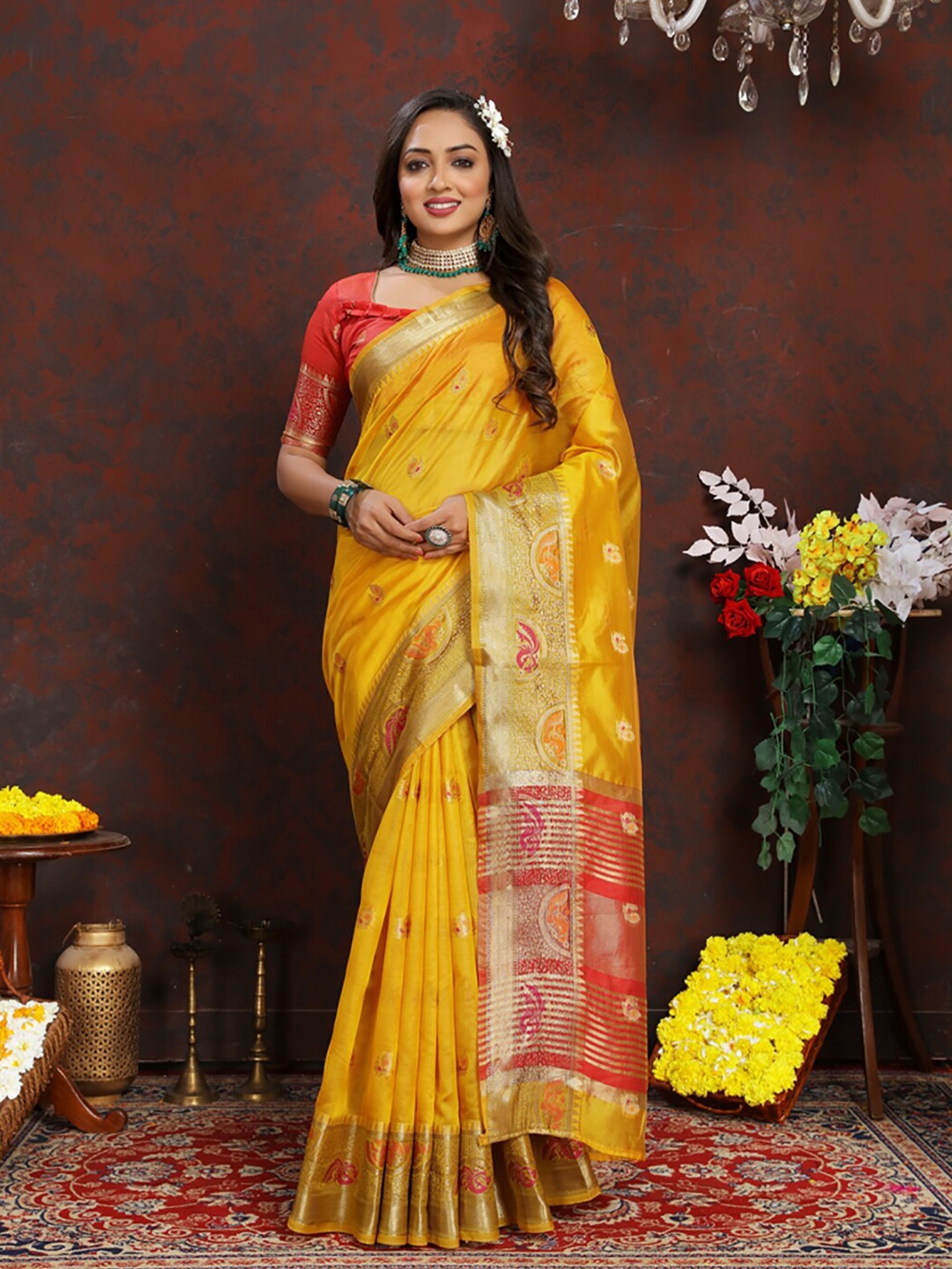 

KALINI Woven Design Zari Organza Banarasi Saree, Gold