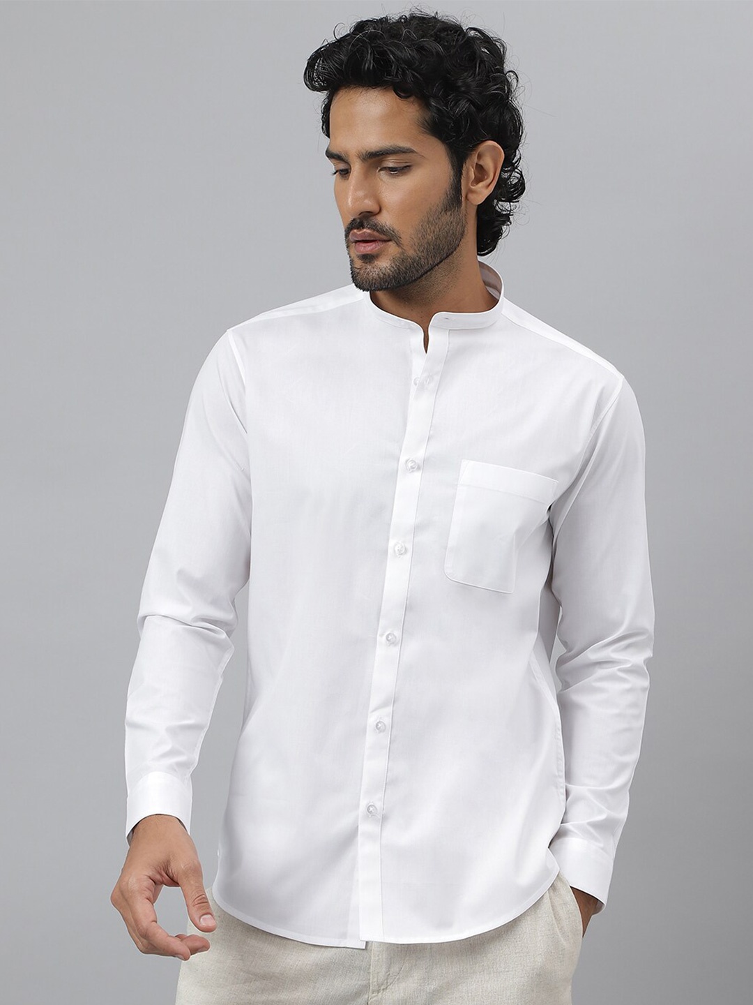 

KINGDOM OF WHITE Mandarin Collar Pure Cotton Stretch Slim Fit Casual Shirt