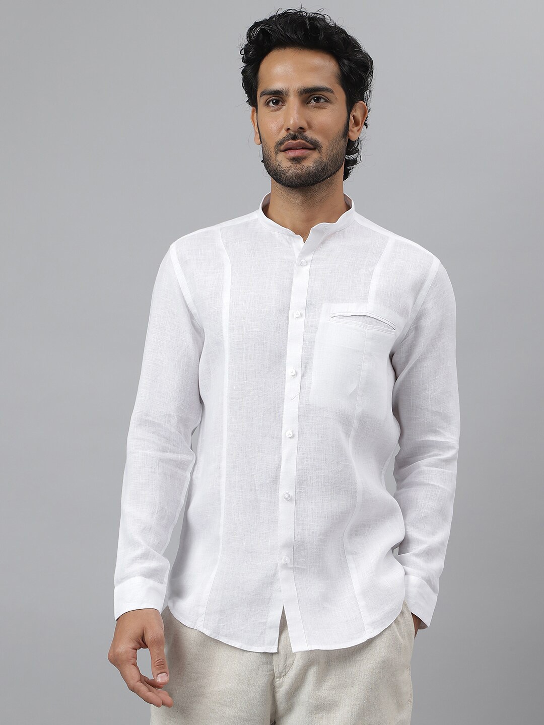 

KINGDOM OF WHITE Mandarin Collar Pure Linen Casual Shirt